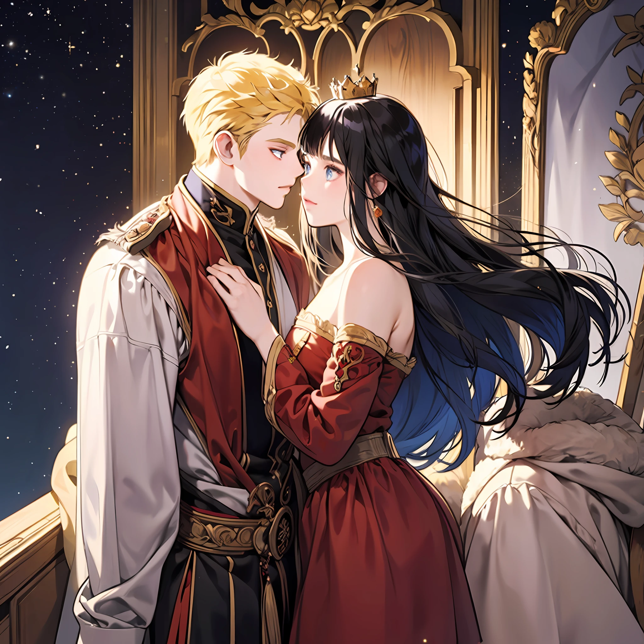 blonde man, dark blue hair girl, naruhina, throne, masterpiece, couple, standing, royalti, nobility, (((crowns))), king, queen, looking into each other eyes, romantic