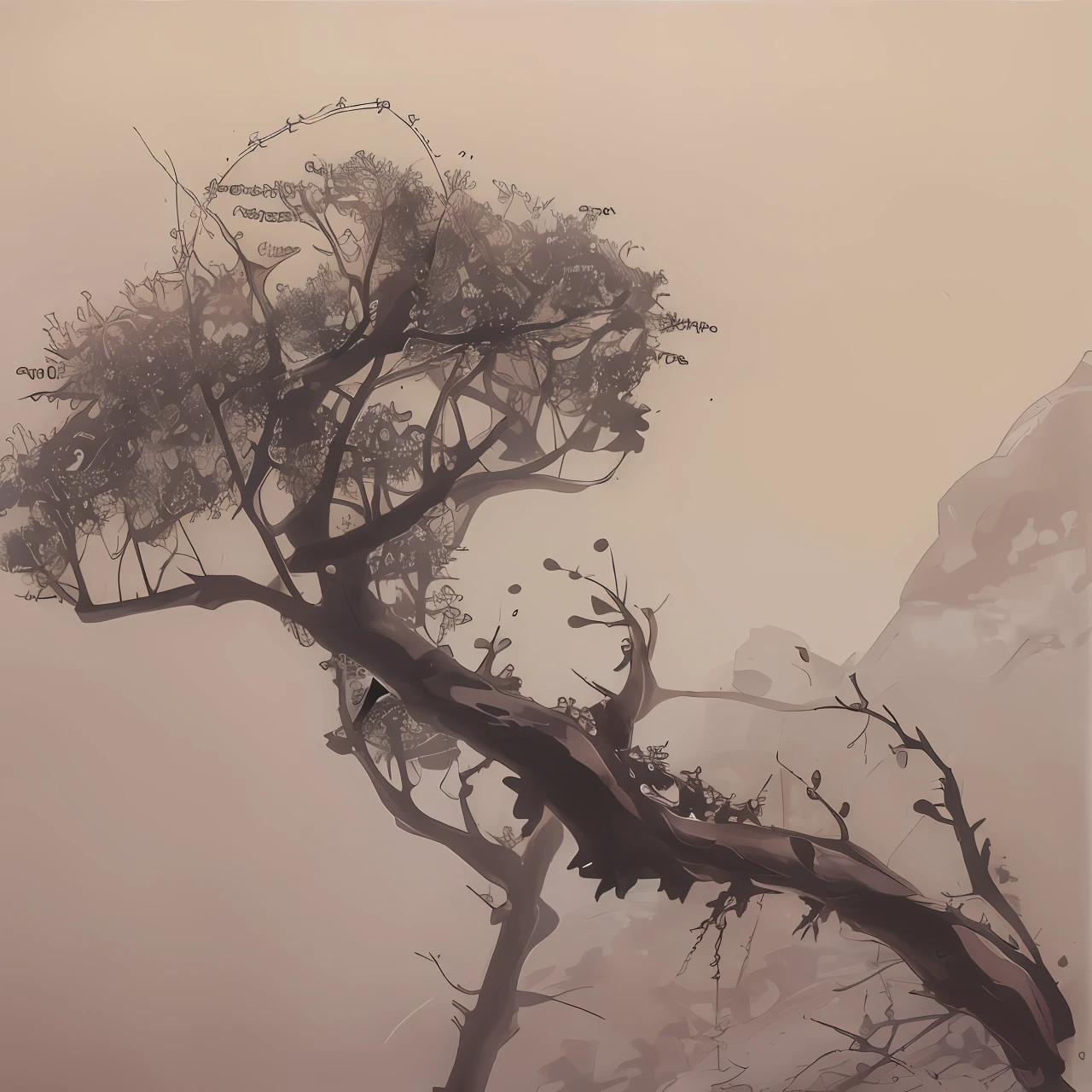 Dead vine old tree，The branches and leaves wither，The thin trunk of the tree reflects the silence。Withered vines and old trees, cawing ravens; a desolate atmosphere is created by the frail branches and fallen leaves.