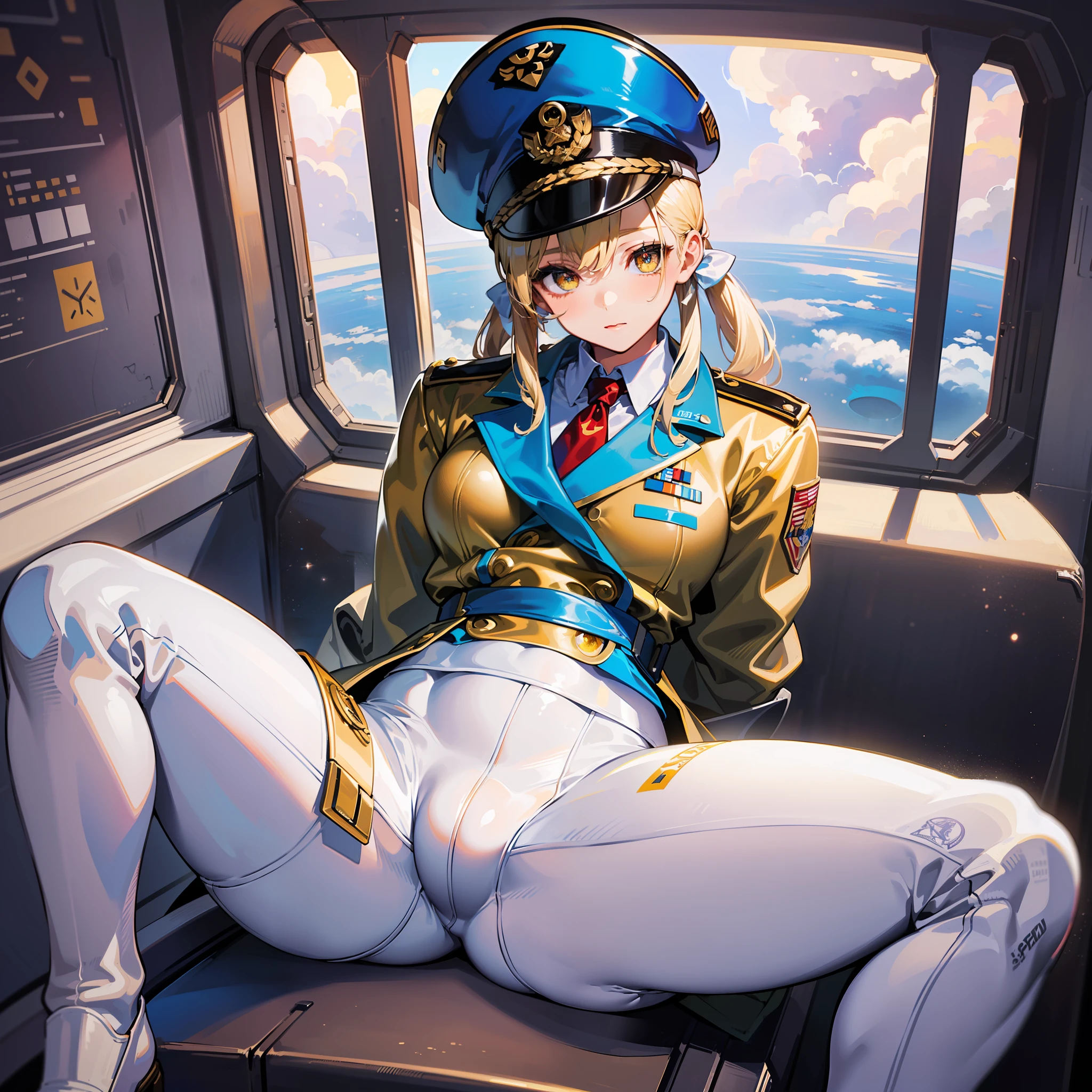 ((Masterpiece)), ((Highest Image Quality)), (((Best Quality)), (Illustration of One Girl), Full Body, 25 Years Old, (Neutral)), ((Blonde Twin Tails)), Light Golden Eyes, (Tall)), (Muscular Strong Body)), ((Muscular and Thick Body)), ((Muscular and Thick Arms)), ((Muscular and Thick Legs)), (Manspreading)), Open Legs, (((Army Uniform)), (Army Hat)), (((Army Coat)), (white clothes), (white pants), (white hat), trench coat, ((inside the spaceship, sitting in the captain's seat)), (outside the window, space, Earth seen from space, spaceport)