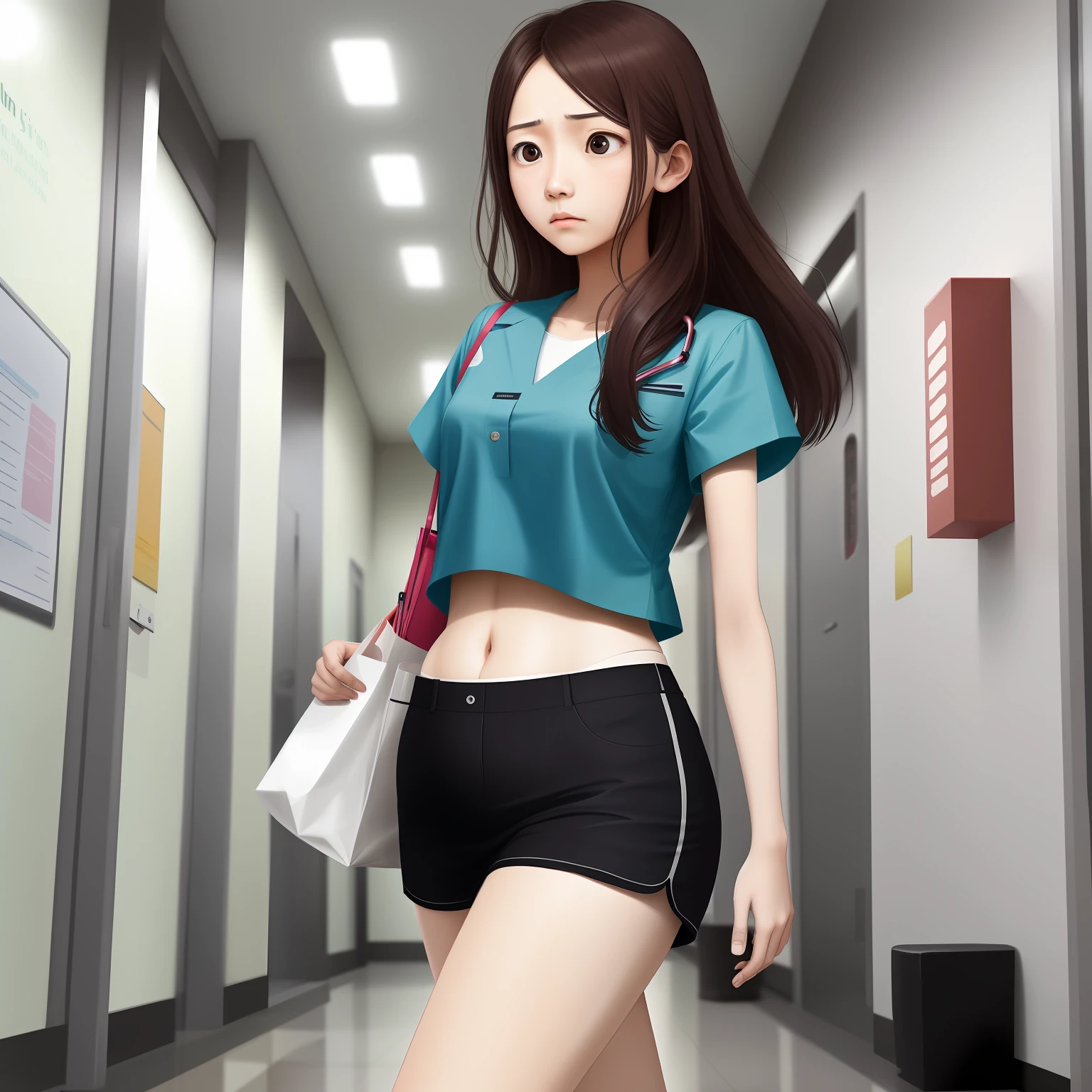 A girl came out of the hospital lobby with severe abdominal pain