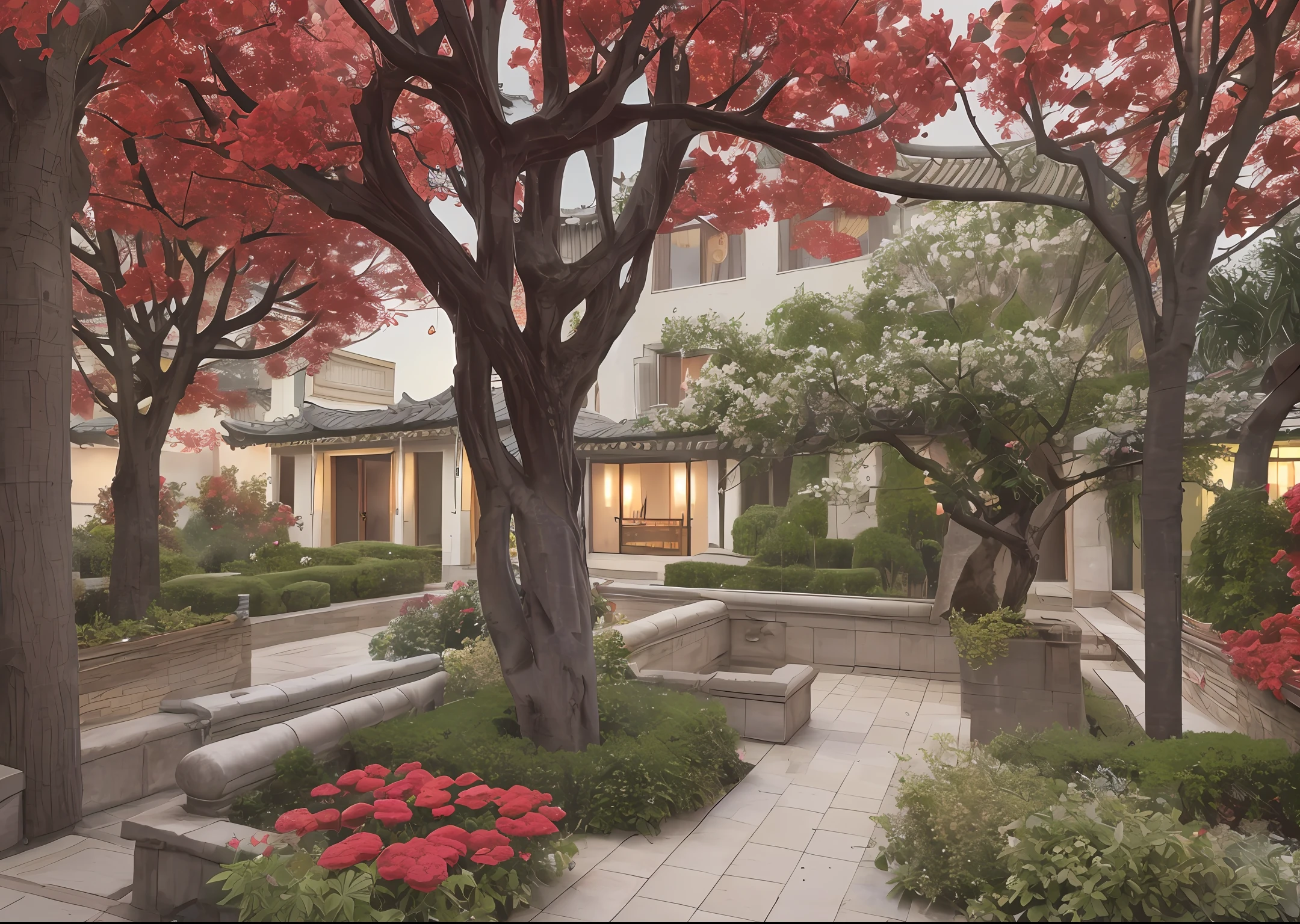 Ancient Chinese courtyard begonia tree, peach tree