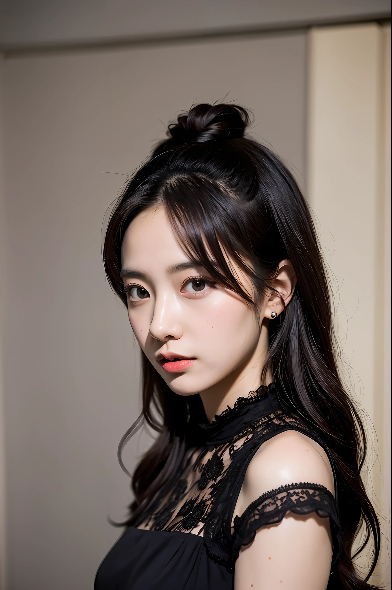 （Highly detailed body，Highly detailed face，the best quality：1.2） ，a woman with，Look at viewers)（Royal sister dressed in black），（Background room：1.4）