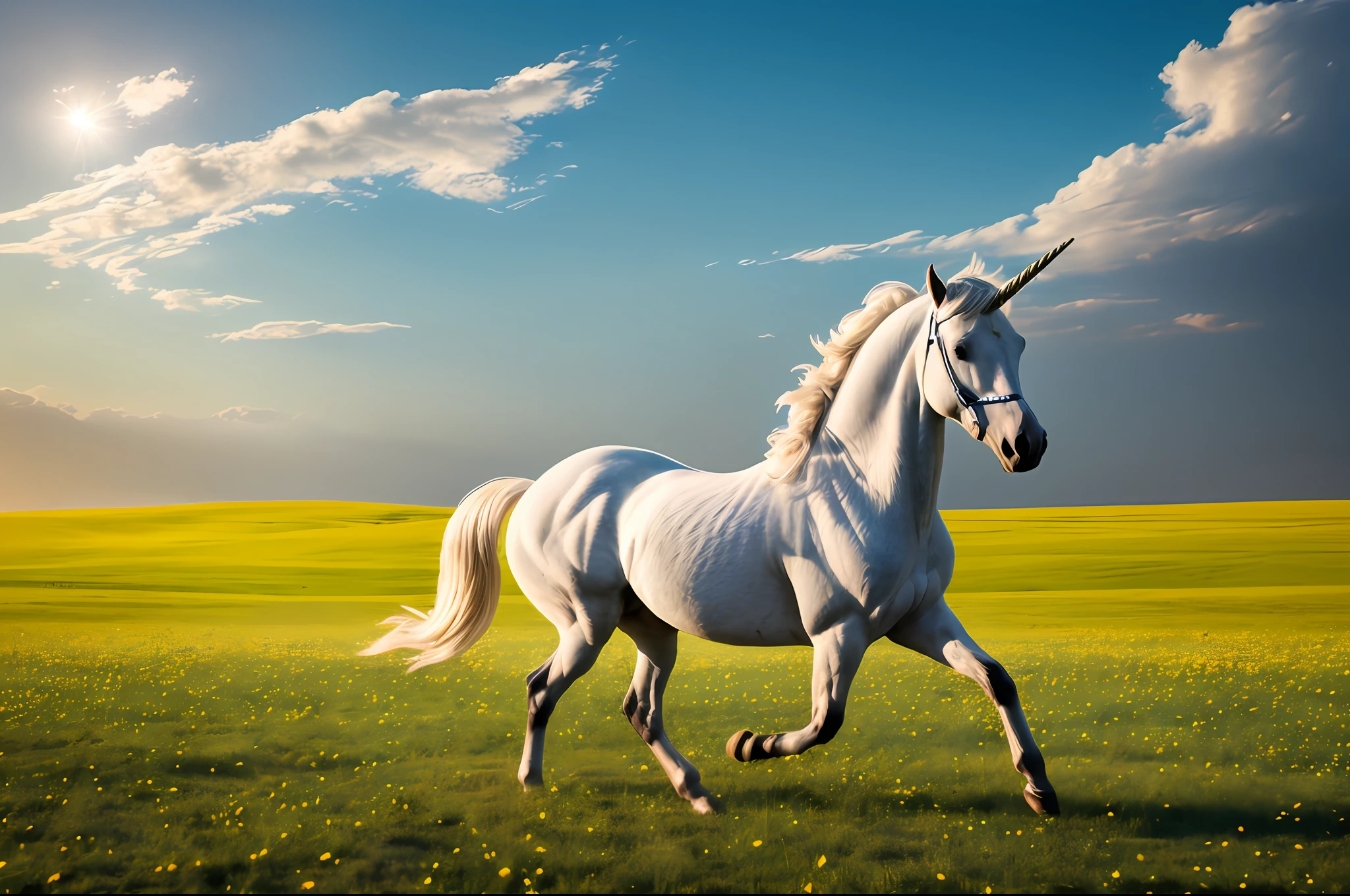 (masterpiece, best quality, ultra detailed), (best lighting, best shadow, extremely delicate beauty), magical creature, horse, white, with horn, (1 unicorn), silver hooves, meadow background, dynamic, glow, motion.