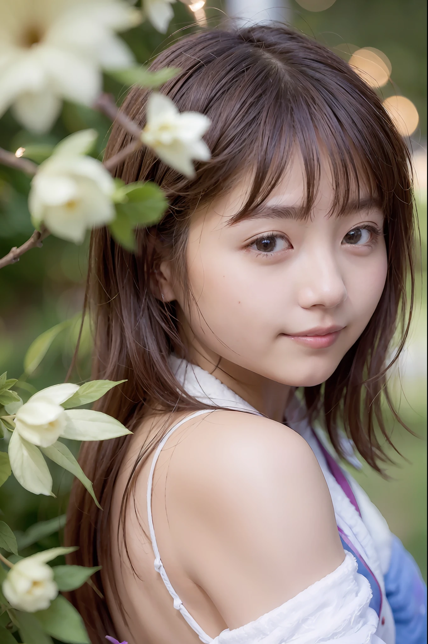 hyper realistic detail, (8k, RAW Photos, Top image quality, A masterpice:1.2), (Exquisite beautiful eyes: 1.2), ((1girl in)), (独奏)), (bathrobe:1.4) , (walk:1.2), 가슴, (finely detailed  eyes and detailed face:1.3), (beautiful and clear background:1.2), (extremely details CG, Ultra-detailded, Best Shadows:1.1), ((depth of ﬁeld)), (water colour),, bare shoulder, Flowers and petals, beautiful concept illustration, (illutst:1.1), (extremely fine and beautiful:1.1)、(Perfect details:1.1)、ram、firework、by night、Realstic、Live Action、a smile