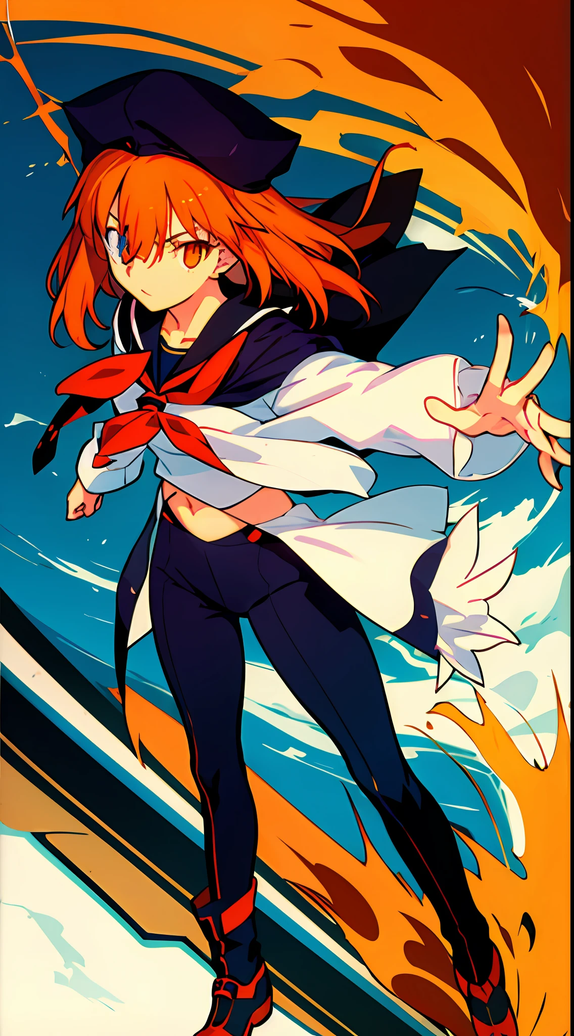 large tits . eye glass. Orange eyes. Orange hair. Sailor Uniform. an anime girl. short-length hair. Sailor hat. Anime-style eyes. Setting picture. Perfect pupil. Solo. Highest Quality, Full body, It features a simple_Background, 最好质量、 perfect hand