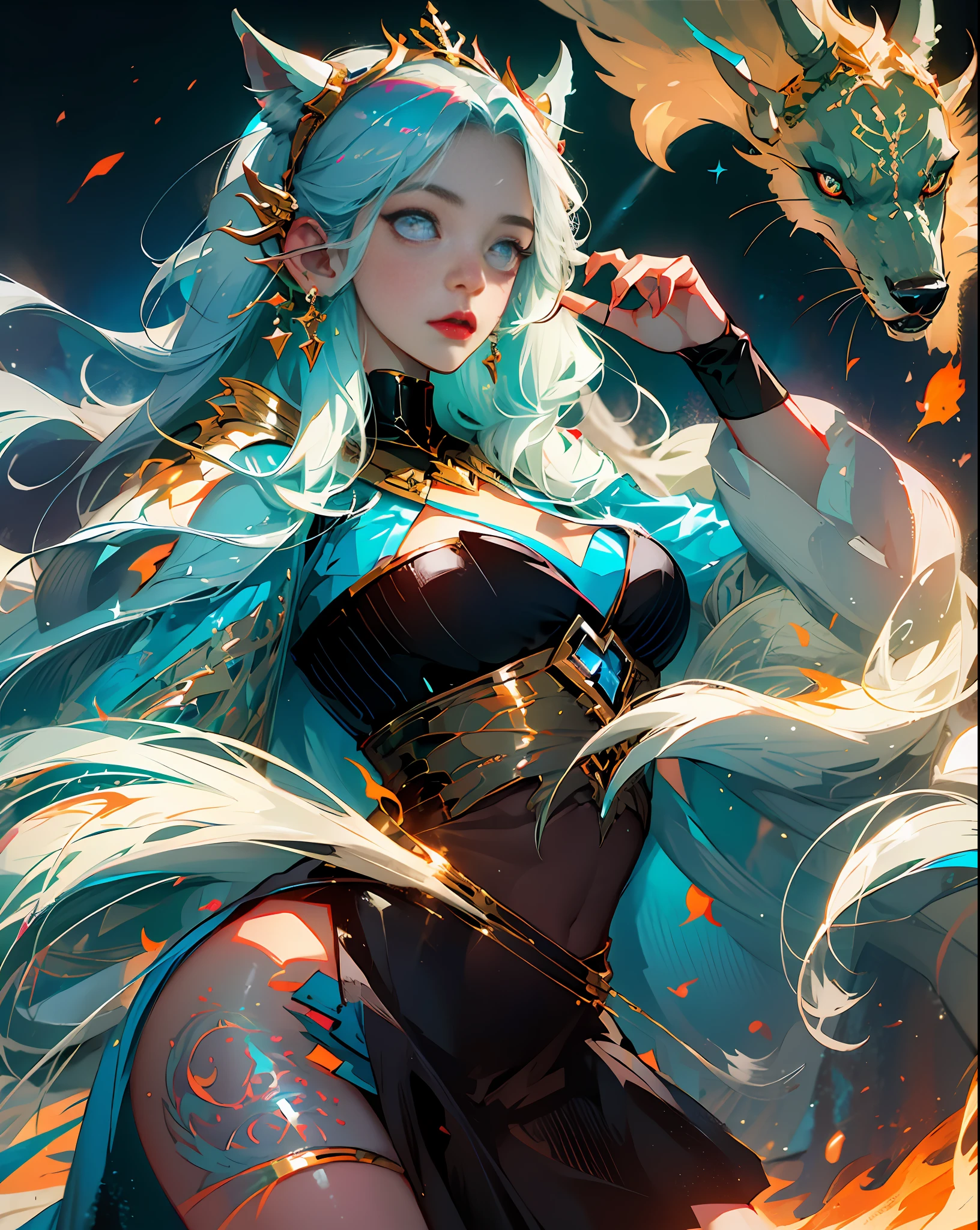 super powers, ice queen x fire queen ,ice powers, fire powers, 2 girls, the girl with super powers ,tatto , beautiful girls, fantasy world, big breasts, revealing clothing , ice land, ice Dragon, fire big wolf --auto --s2