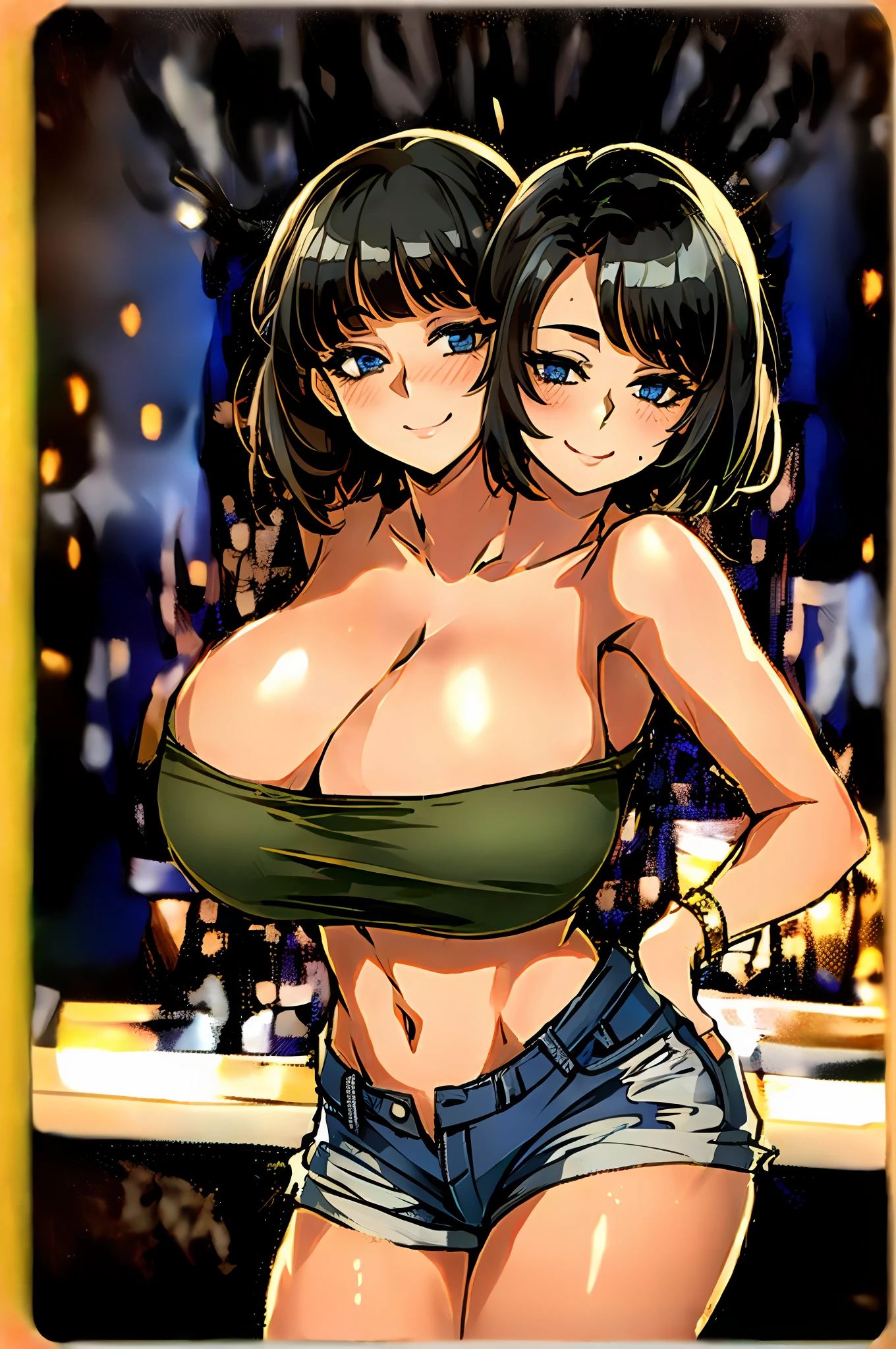 2heads, a short chubby woman with two heads. She has enormous ???????. She is in a bar. She is dancing. She looks visibly drunk. She is smiling wide. She is wearing a low-cut top. She is wearing jeans. Her ??????? are immense. She is flirty. She has a seductive expression. Giant ?????.