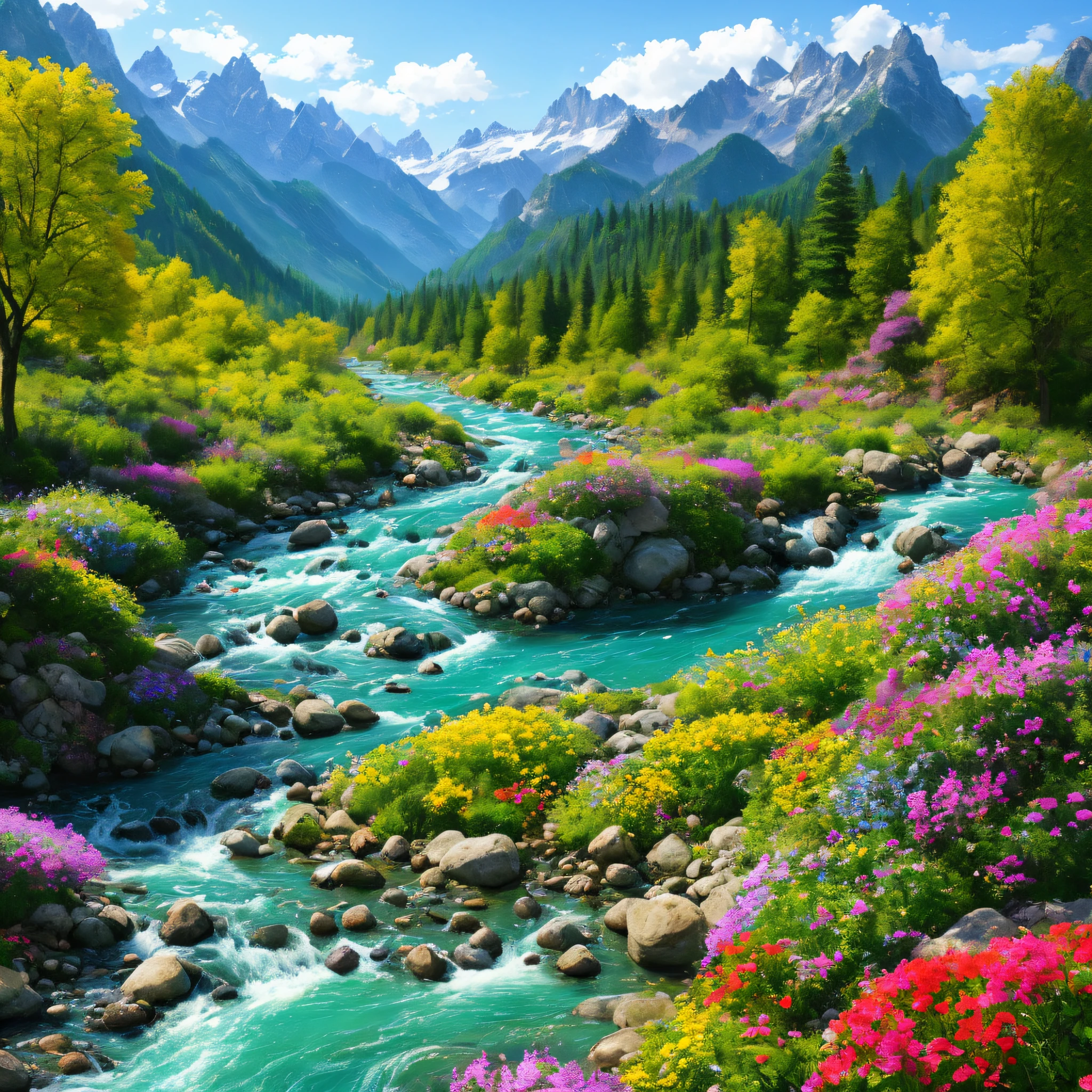((masterpiece)), ((best quality)), mountains, rivers, trees, flowers, (fantastic ideas), overflowing with brilliance, sense of hierarchy, dynamic angle, element background,