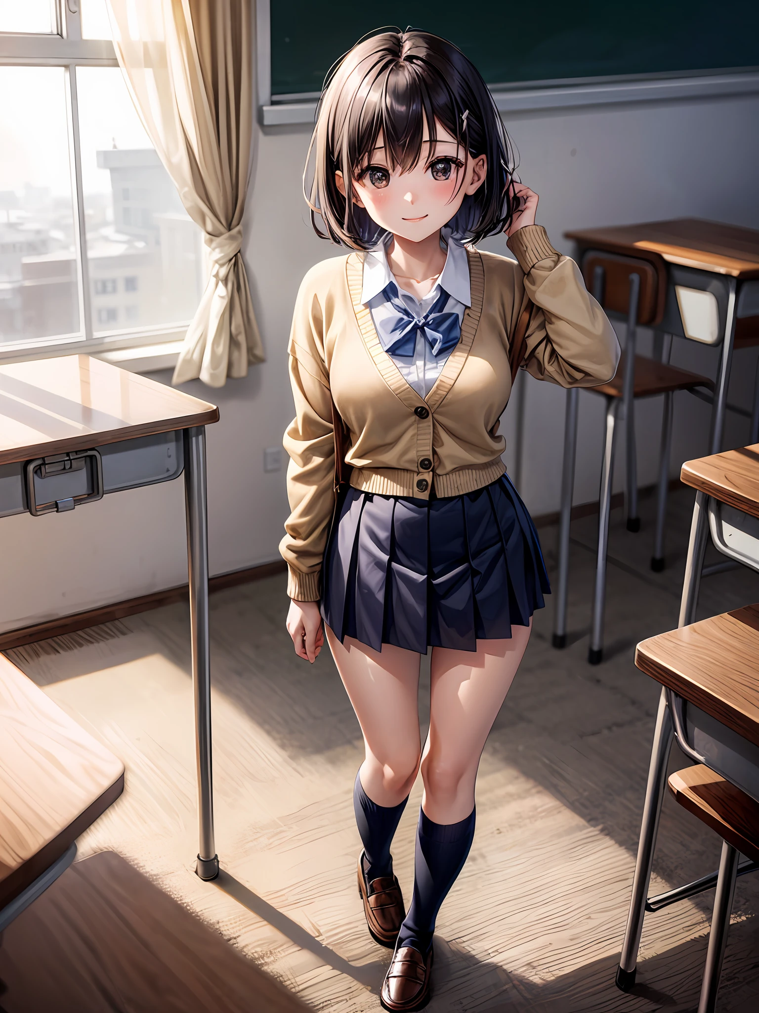 最好质量、1girl in、Black hair short hair、A schoolgirl、Devil's Ears、blazers、seethru school uniform、Beige cardigan、Dark blue mini skirt、Black Long Socks、Brown loafers、Black Eyes、a small face、a smile、large tits、A slender、View here、beauty legs、Empty after-school classroom、Dim lighting、A masterpice、Put your hands on your hair、thights、Open chest、Background blur