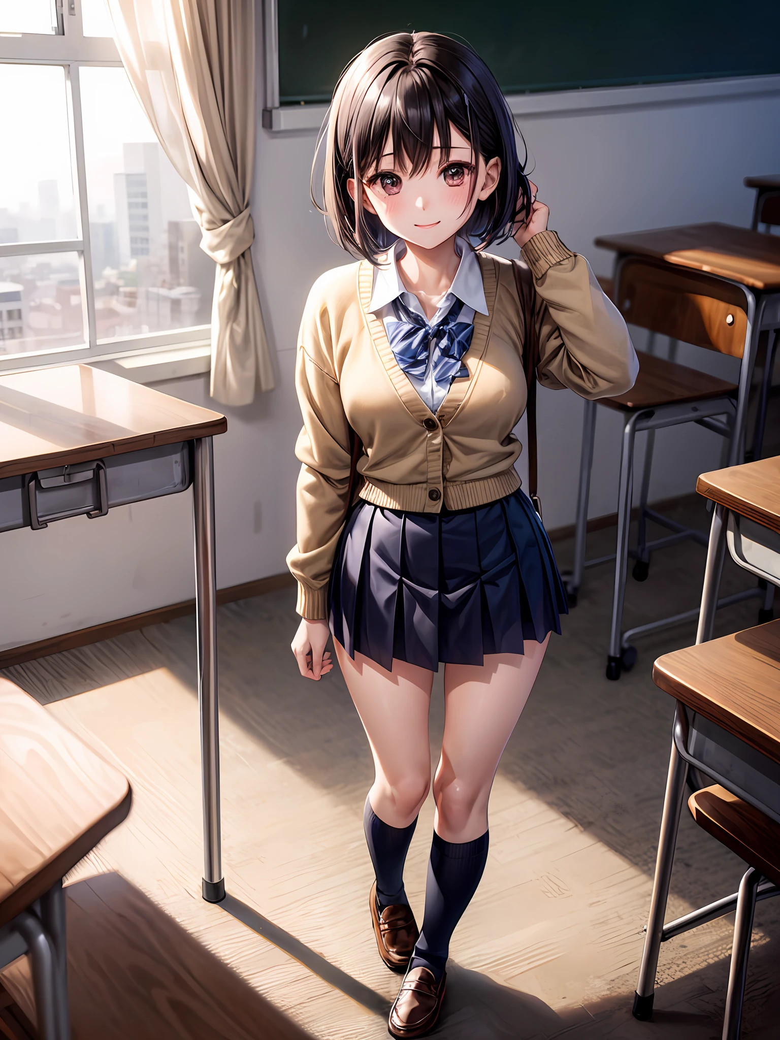 最好质量、1girl in、Black hair short hair、A schoolgirl、Devil's Ears、blazers、seethru school uniform、Beige cardigan、Dark blue mini skirt、Black Long Socks、Brown loafers、Black Eyes、a small face、a smile、large tits、A slender、View here、beauty legs、Empty after-school classroom、Dim lighting、A masterpice、Put your hands on your hair、thights、Open chest、Background blur
