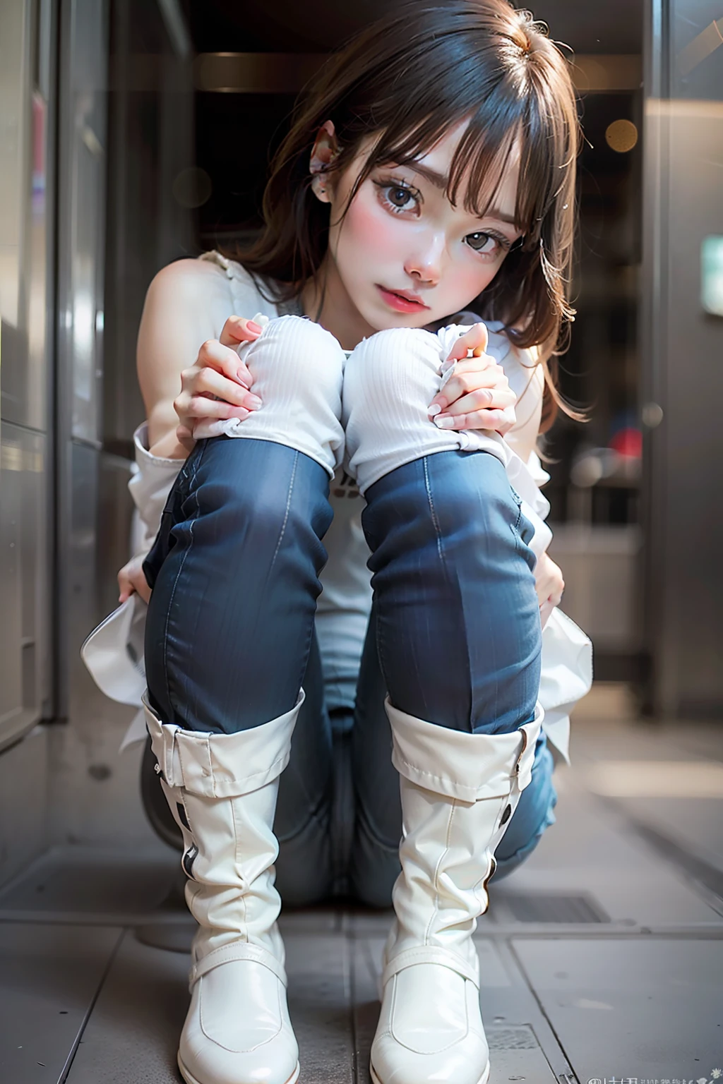 Sitting on the ground、Skinny Jeans、Open legs、crouching、beautiful detailed girls、bending her knees、巨作、HighestQuali、intensely detailed、White jeans、Inter-strands、hotpants、Lower body