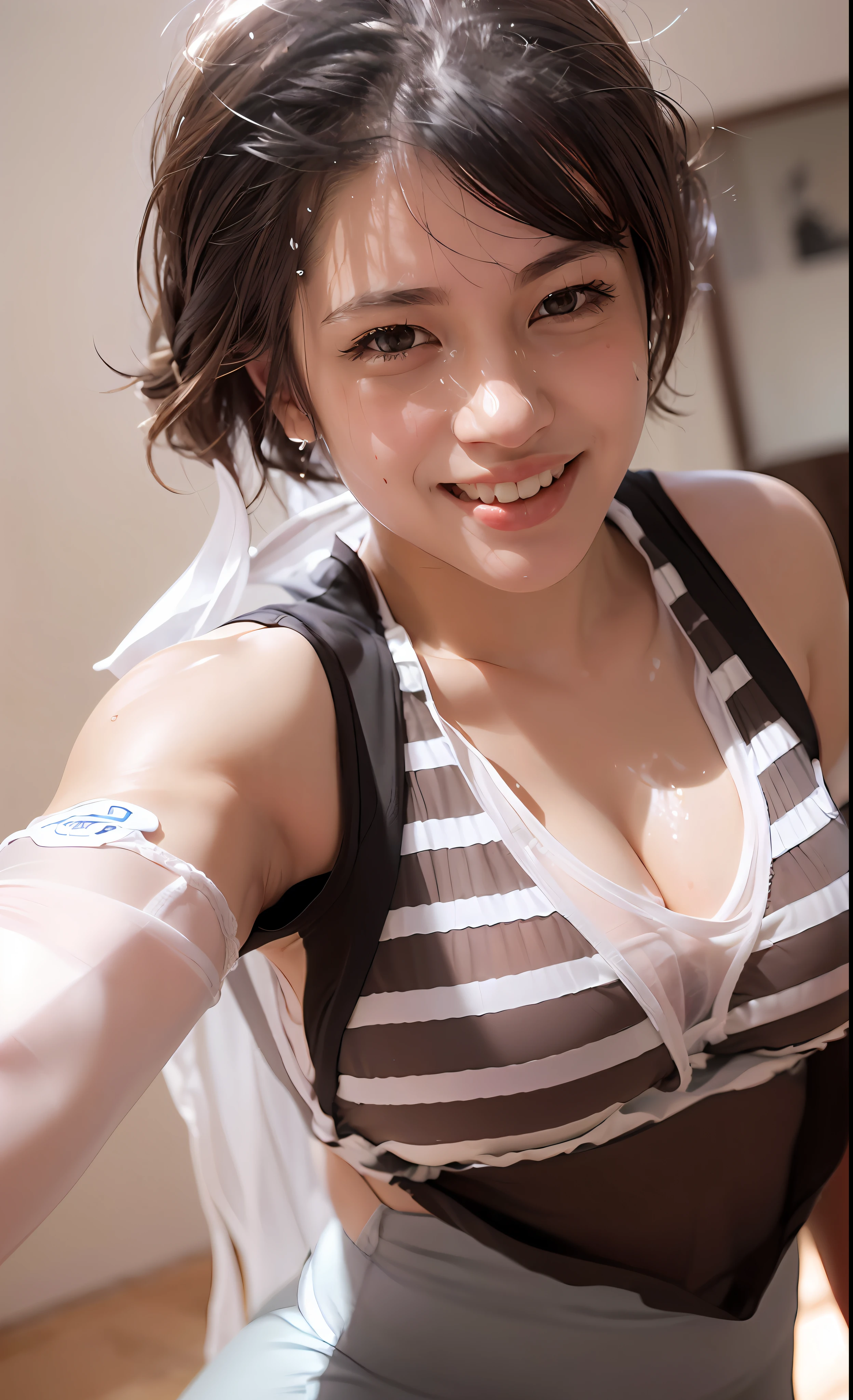 (solo), (a detailed full body RAW photo of a girl), (masterpiece:1.0), (best quality:1.4), (ultra highres:1.2), (photorealistic:1.4), 8k resolution, Canon EOS R5, 50mm, absurdres, ultra detailed, (20yo), sharp focus, cinematic lighting, detailed beautiful face, (makeup:1.2), (ulzzang-6500-v1.1), petite figure, detailed skin texture, pale skin, flat chest, (skinny and fit body:1.3), thigh gap, detailed brown hair, sweltering,(very messy hair:1.5), (Avril Lavigne:0.7), smiling, (sports bra, sports leggings:1.4), realistic glistening skin, (bedroom:1), (cameltoe:1.3), (sweating:1.45), slim waist, seductive smile,play sport,