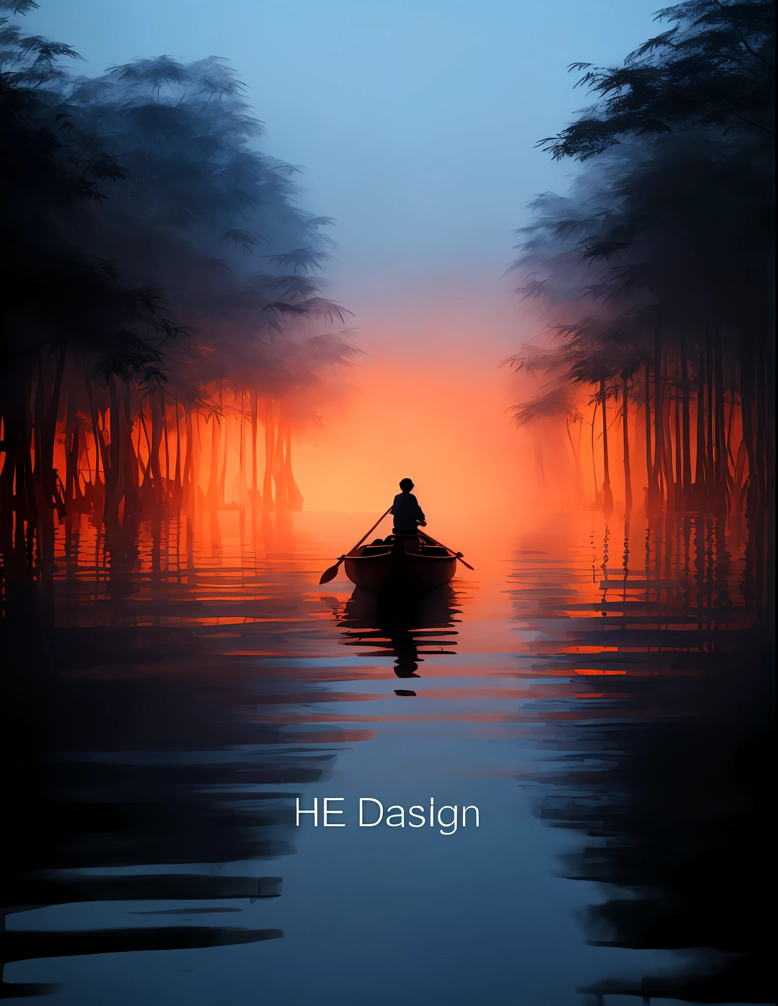 In the fading sunset,The fisherman slowly rowed a small boat among the bamboo forests with his back to a boat,with rich details,Emotional portraits with excellent picture quality,water colour、Oil paints are available,Demonstrate high quality,Pursue aesthetic mood,oar、the boat、The details of the bamboo forest show a sense of interweaving of dynamics and tranquility。