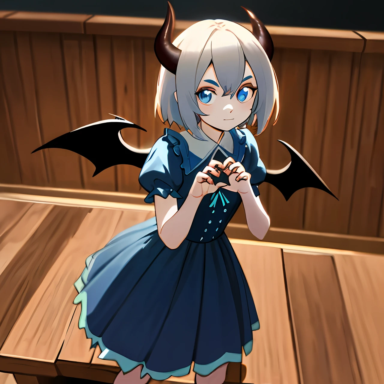 Splash art, cute demon girl, demon wings, cute blue summer dress, showing claw hands pose, with small claws, (perfect hands), looking to viewer, standing on wooden table, fighting pose, stunning beauty, [[chibi]], close-up, muted colors, deep shadows, trending on artstation and Pixiv, 4k