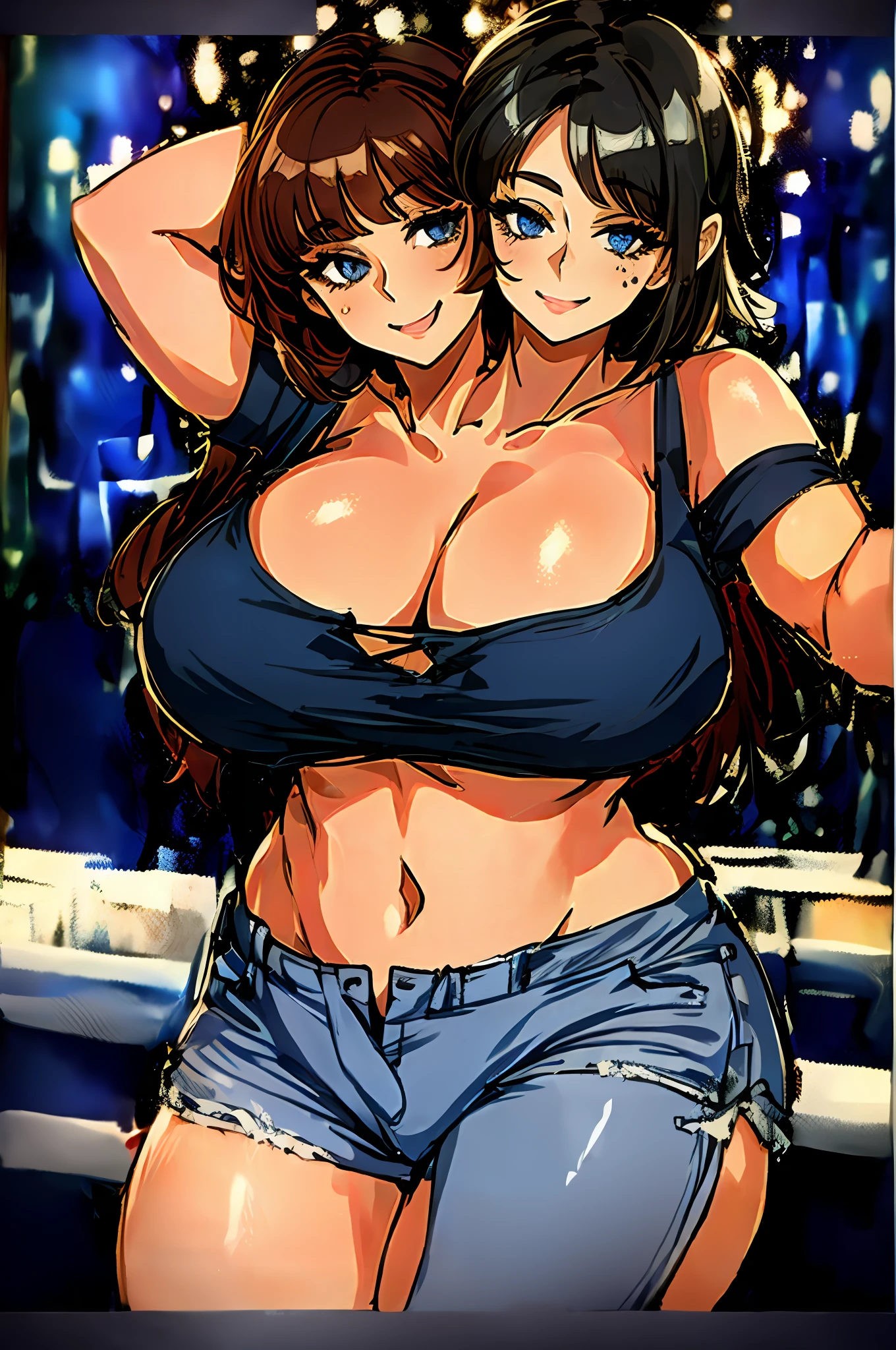 2heads, a chubby woman with two heads. She has enormous breasts. She is in a bar. She is dancing. She looks visibly drunk. She is smiling wide. She is wearing a low-cut top. She is wearing jeans. Her breasts are immense. She is flirty. She has a seductive expression. Giant boobs.
