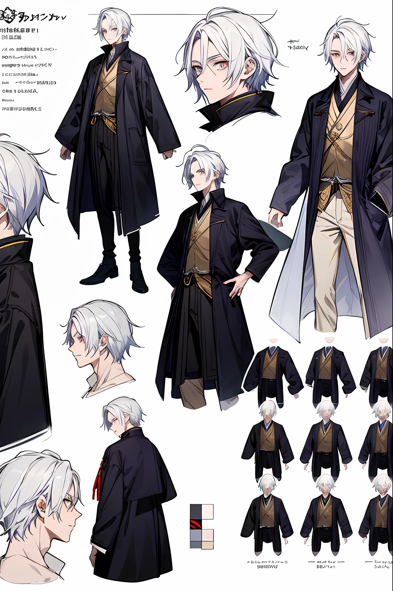 Male shinigami, anime, model design sheet, multiple views of the same character, white hair, gold eyes
