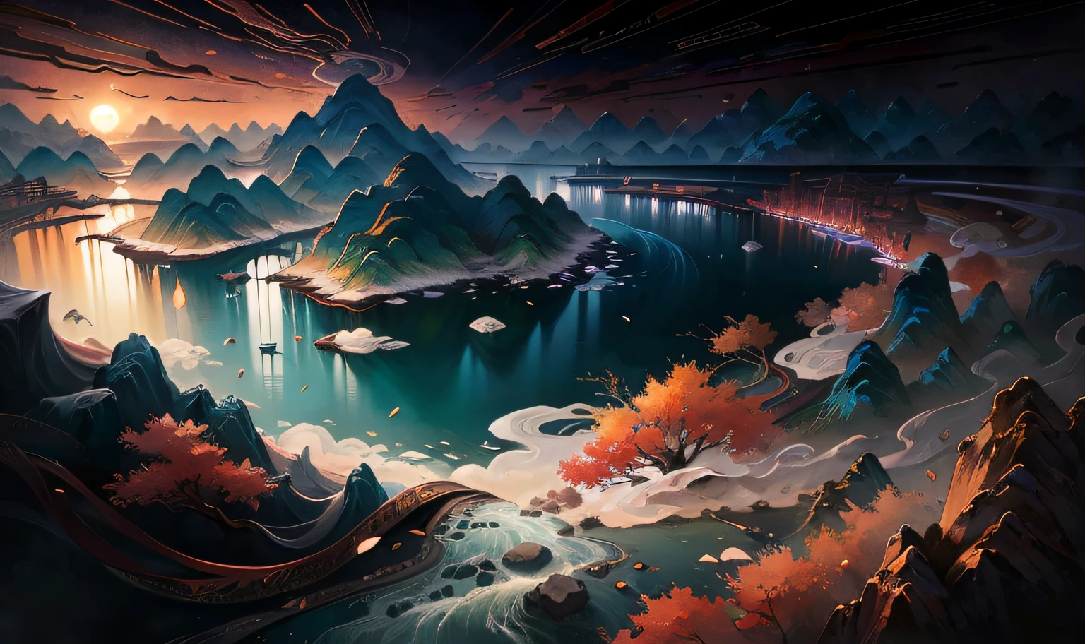 Ancient Chinese landscape, mountains, rivers, auspicious clouds, sunlight, masterpiece, super detail, epic composition, ultra high definition, high quality, extremely detailed, official art, uniform 8k wallpaper, super detail, 32k -- v 6