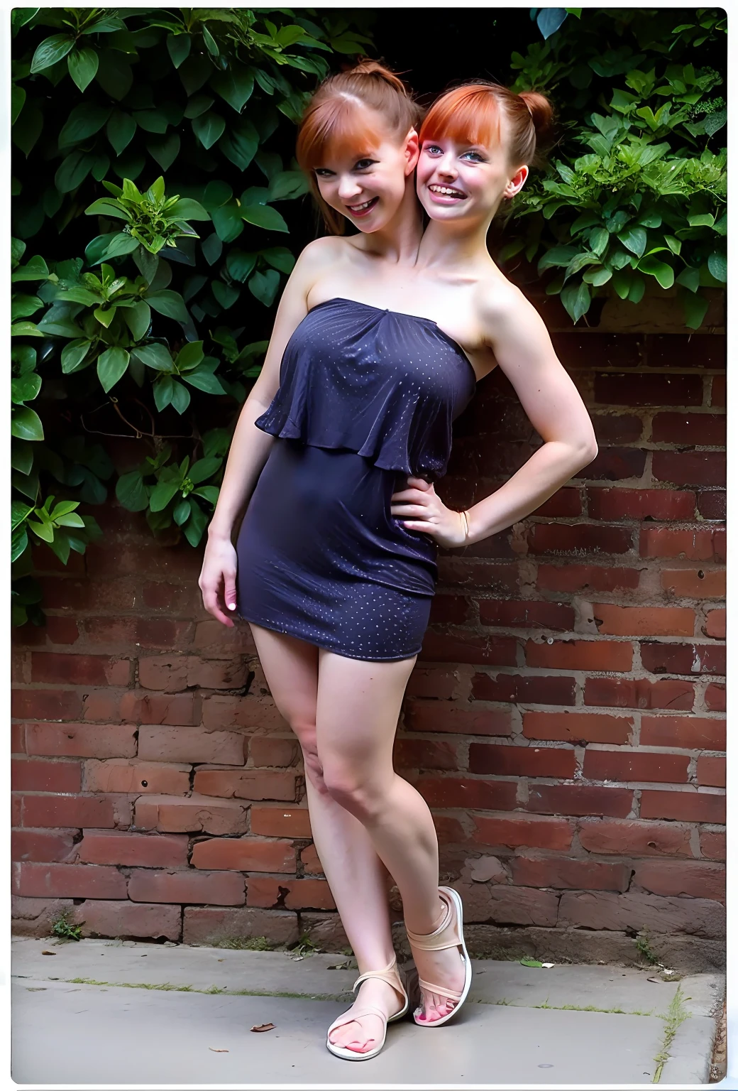 2heads, two headed girl, (one torso:1.5), pale skin, (redhead:1.4), teenager, white girls, (two heads on one body:1.4), (first head uncomfortable:1.5), (second head unhappy:1.5) conjoined twins, heads side by side, one torso, young, uncomfortable, barefoot