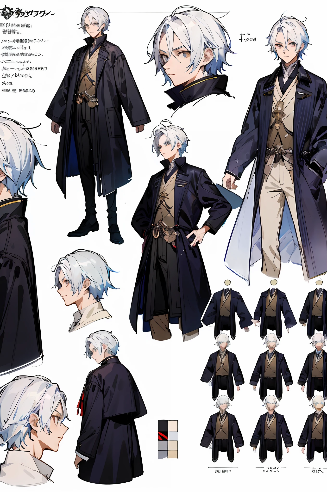 a close up of a person in a coat and some other items, ( ( character concept art ) ), official character art, full character design, male character design, anime character design, full body character design, [ character design ], detailed anime character art, demon noble character design, anime character reference sheet, official character illustration, high quality character design, detailed character design
