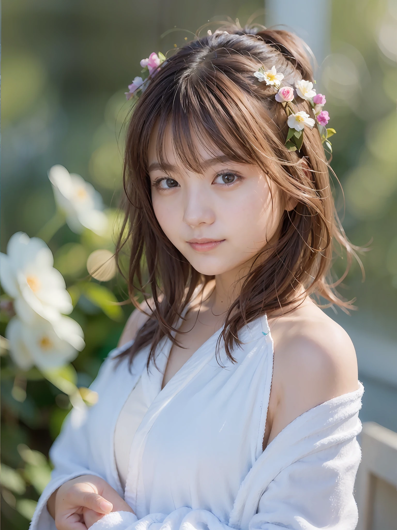 hyper realistic detail, (8k, RAW Photos, Top image quality, A masterpice:1.2), (Exquisite beautiful eyes: 1.2), ((1girl in)), (独奏)), (bathrobe:1.4) , (walk:1.2), 가슴, (finely detailed eyes and detailed face:1.3), (beautiful and clear background:1.2), (extremely details CG, Ultra-detailded, Best Shadows:1.1), ((depth of field)), (water colour),, bare shoulder, Flowers and petals, beautiful concept illustration, (illutst:1.1), (extremely fine and beautiful:1.1)、(Perfect details:1.1)、ram、firework、by night、Realstic、Live Action、a smile