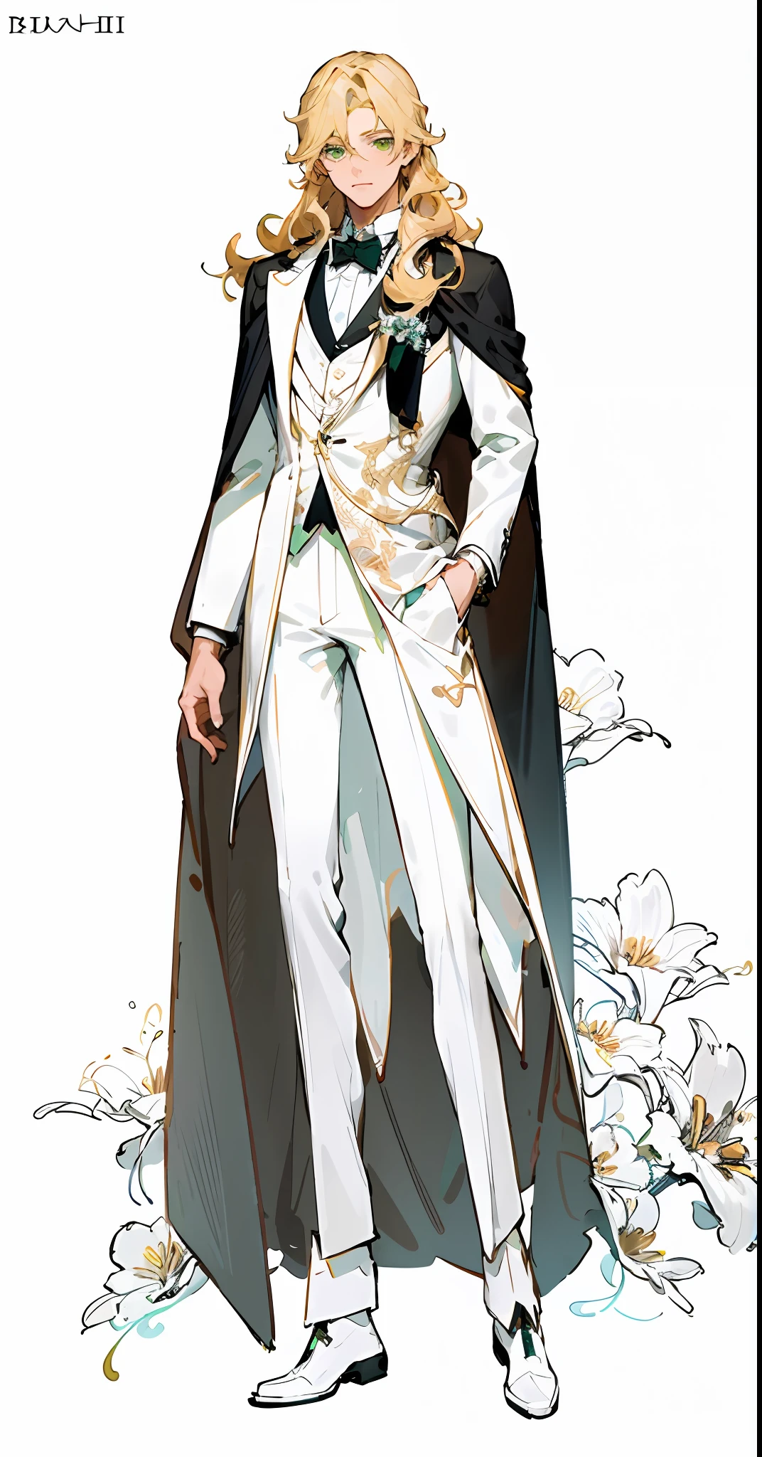 Beautiful boy with blonde hair and green eyes,with long curly hair,White tuxedo,Black cape,White flowers in the background behind,Slim figure,Male and female
