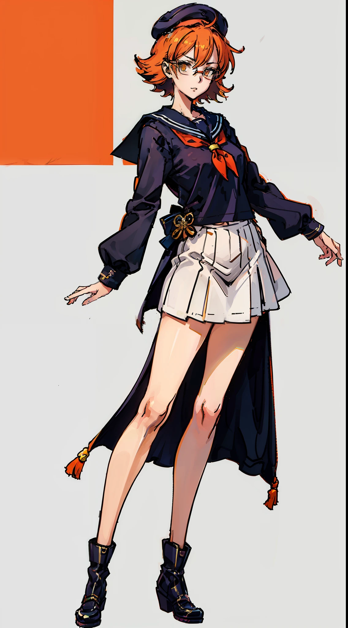 Big tits. Glasses. Orange eyes. Orange hair. Sailor uniform. Anime girls. Short hair. Sailor hat. Anime-style eyes. Setting picture. Perfect pupil. Solo. highest quality, full body, simple_background,