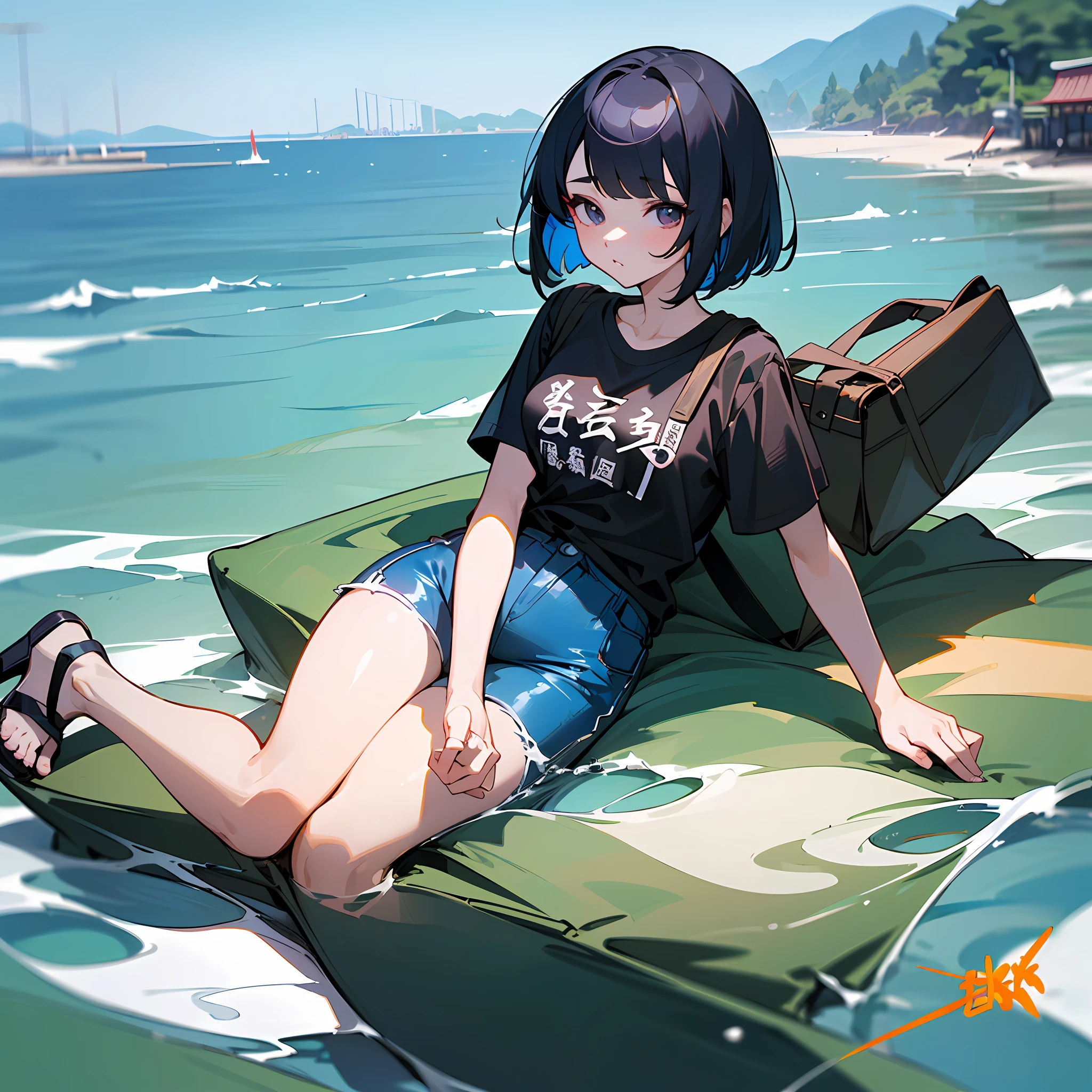 ((最好质量、8K、A masterpice:1.3))、only girl、Whole human body、long bangs、Bangs on the eyes、bob cuts、black har、white t-shirts、T-shirt with blue logo、See-through haori、Dark blue hot pants、sandal、sea side、tote bags、