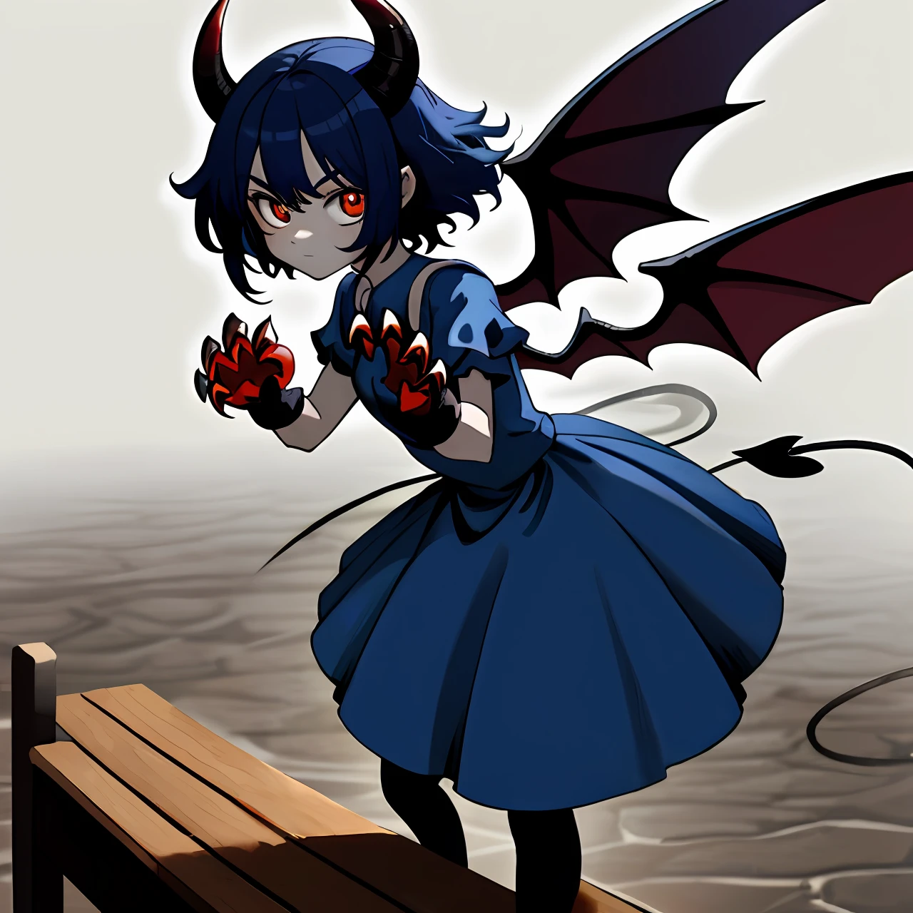 Splash art, cute demon girl, demon wings, cute blue summer dress, showing claw hands pose, with small red claws on fingers, (perfect hands), looking to viewer, standing on wooden table, fighting pose, stunning beauty, [[chibi]], close-up, muted colors, deep shadows, trending on Pixiv, 4k