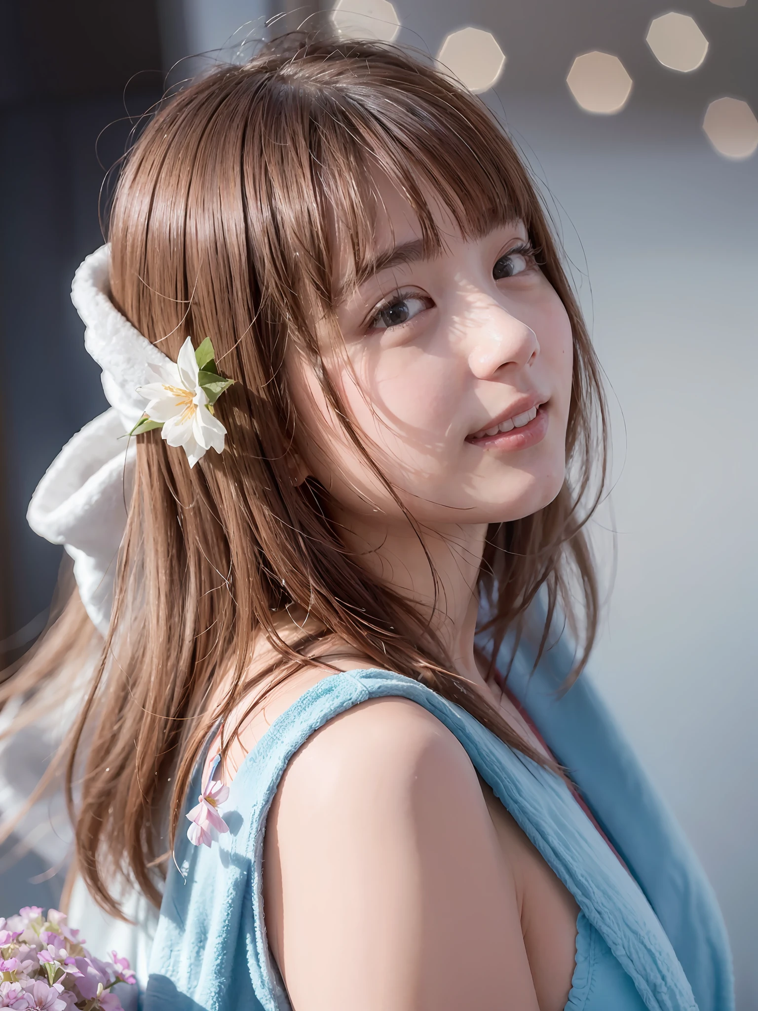 hyper realistic detail, (8k, RAW Photos, Top image quality, A masterpice:1.2), (Exquisite beautiful eyes: 1.2), ((1girl in)), (独奏)), (bathrobe:1.4) , (walk:1.2), 가슴, (finely detailed eyes and detailed face:1.3), (beautiful and clear background:1.2), (extremely details CG, Ultra-detailded, Best Shadows:1.1), ((depth of field)), (water colour),, bare shoulder, Flowers and petals, beautiful concept illustration, (illutst:1.1), (extremely fine and beautiful:1.1)、(Perfect details:1.1)、ram、firework、by night、Realstic、Live Action、a smile