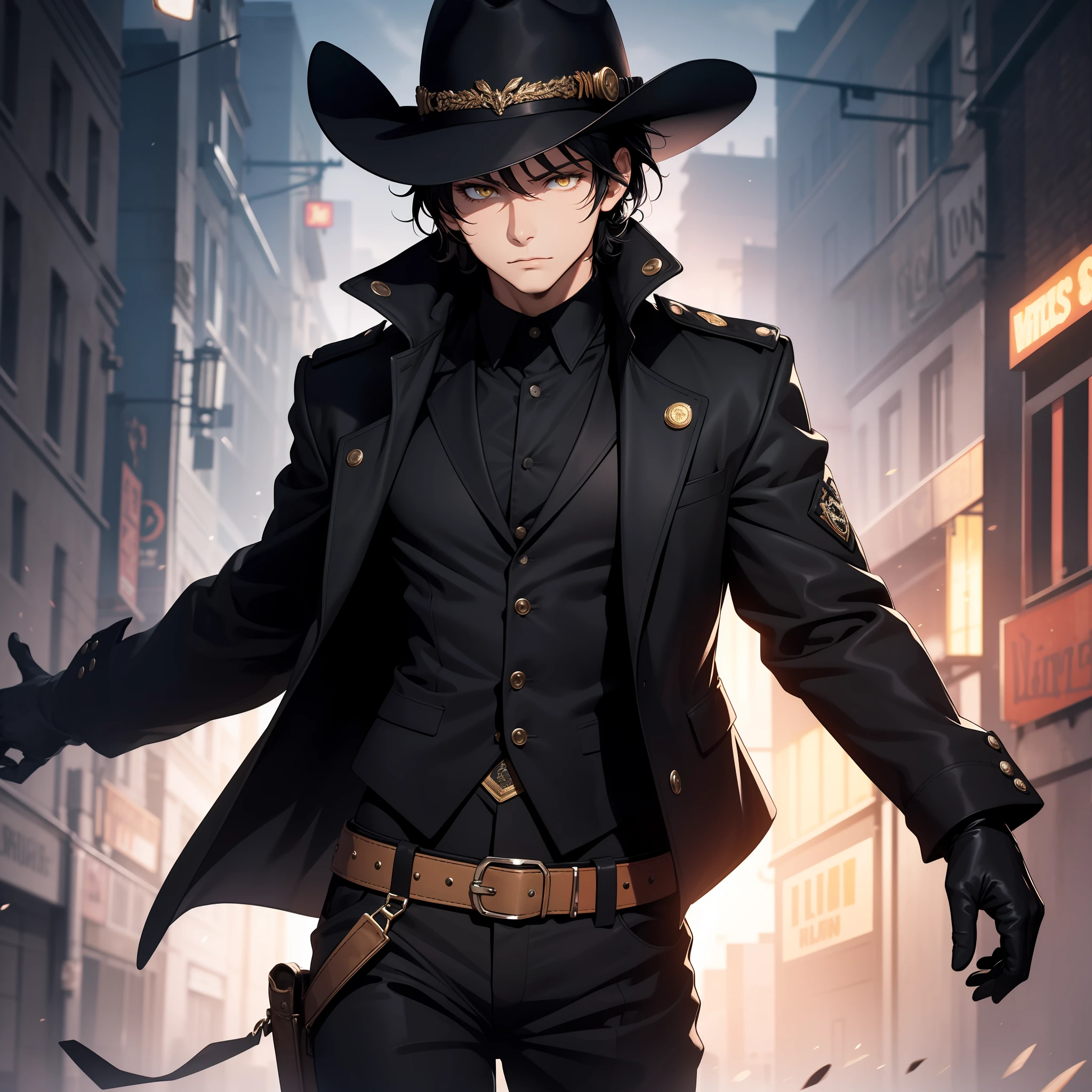 solo male, black vest, black coat, black pants, black hair, yellow eyes, black gloves, black hat, cowboy, wild west background