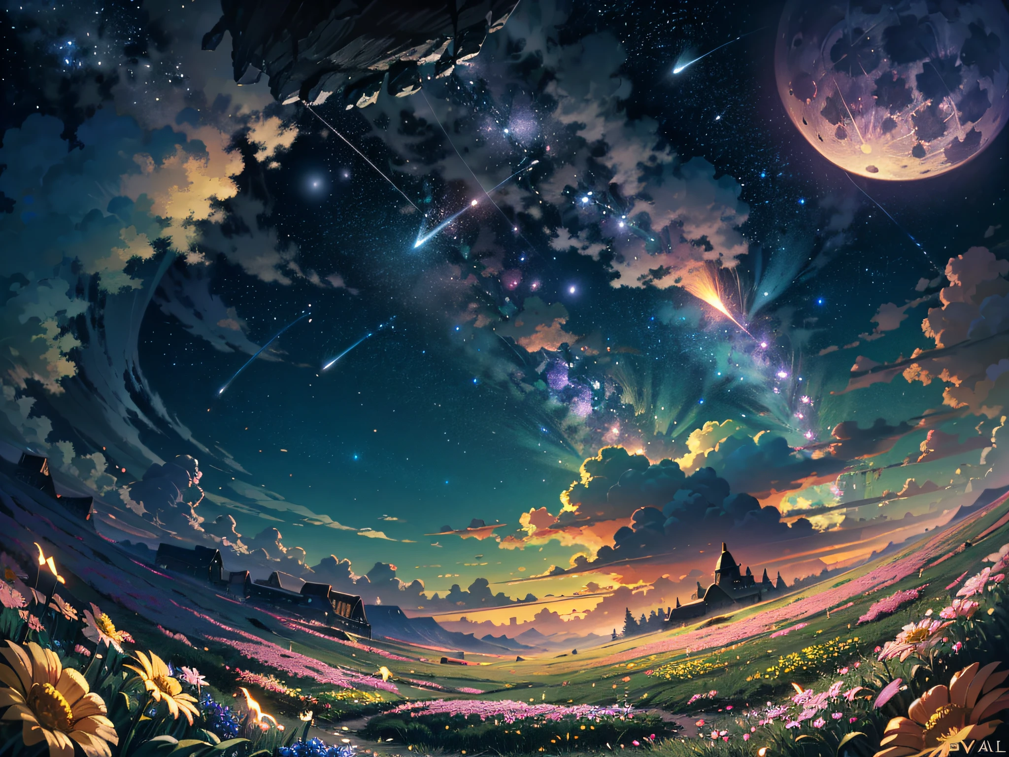 ((A illustration of a very vast fantastic starry sky and mysterious landscape)), masterpiece, BREAK , best quality, ultra detailed, hyper realistic, 16k, high resolution, BREAK , Design an image with a fisheye lens effect, capturing a wide field of view with a distinctive, curved perspective. BREAK , (dutch angle:1.2), BREAK , (Dynamic Composition:1.3), (Viewed from below:1.4), (Wide shot from back:1.4), (zoomed out:1.2), BREAK , (A woman with medium straight hair is sitting in a field of flowers with her dog Cavalier King Charles Spaniel and looking up at the sky:1.5). BREAK , Midnight starry sky, (Yellow full moon:1.3), (Meteor shower:1.3), (Cloud:1.2), Distant mountains, Trees, Fireflies, BREAK , Colorful vibrant starry sky, blue tone, moonlight, Beautiful bright purple and blue and orange and yellow lighting, Glow Lighting, Atmospheric Lighting, Cinematic lighting, Sparkle, Glowing light, Award-winning, Concept art,