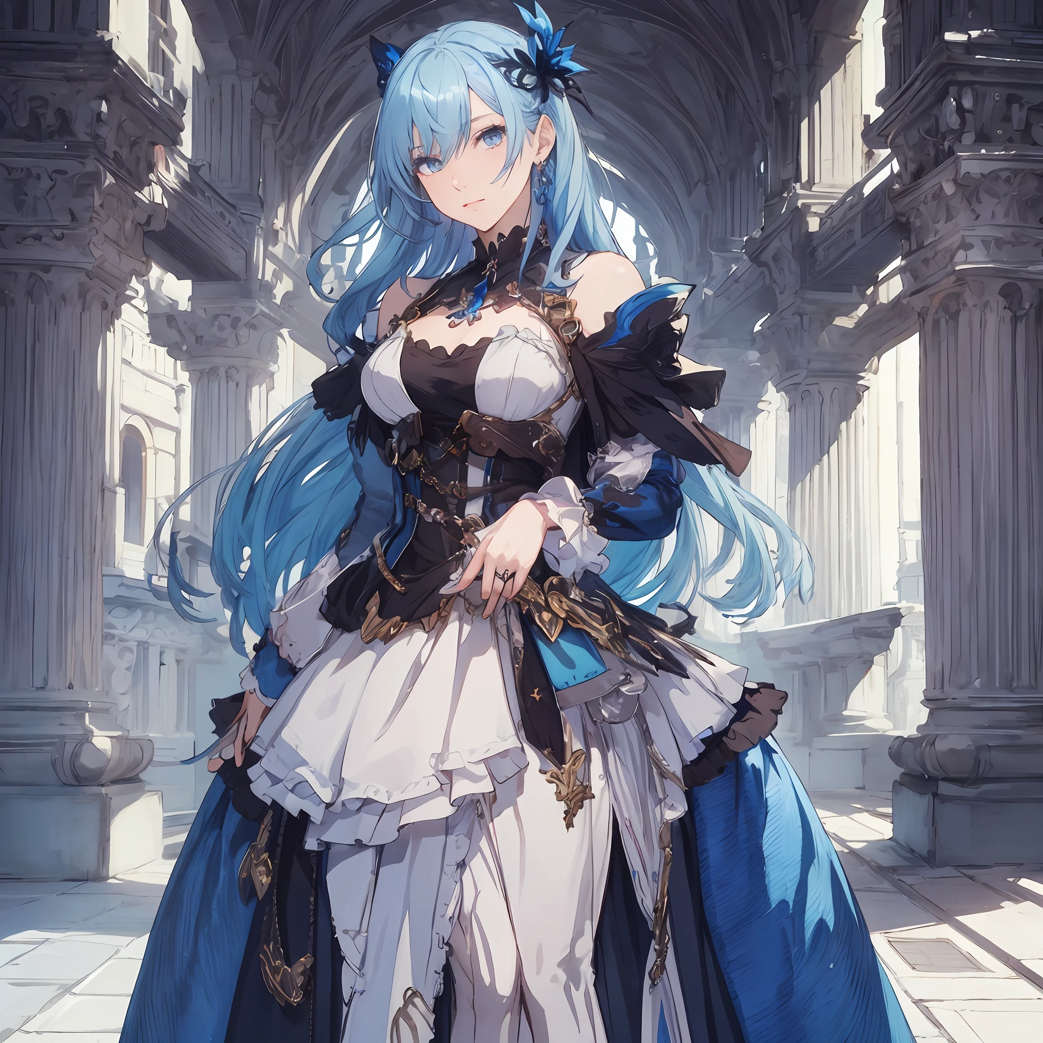 masterpiece, best quality, 1woman, adult, middle-aged, 28 years old, female focus, solo, light blue hair, long hair, vibrant blue eyes, looking at viewer, closed mouth, Fantasy aesthetics, Highly detailed, shadowverse style, full body, white attire