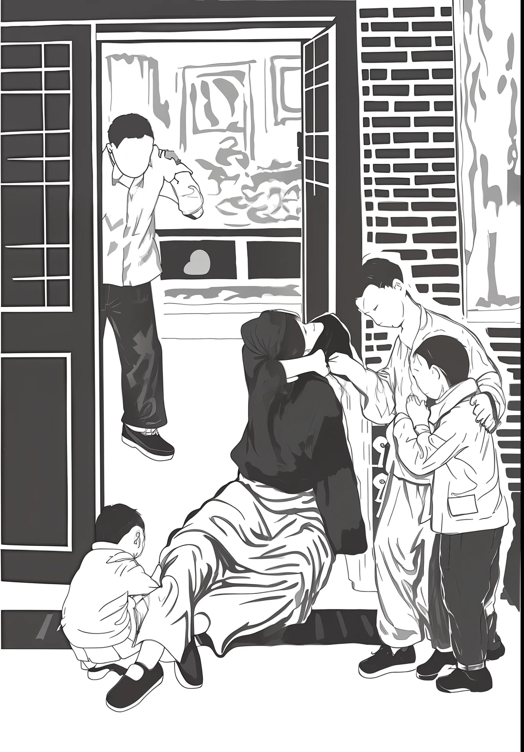The background is an open door，The father inside the room reached out and blamed the mother outside the door，The mother sat in the doorway and covered her face and wept，To the right of the door，The eldest son put one hand on the second son's shoulder，A hand soothed his mother。To the left of the door, the younger son is crouching on the ground and playing。Black and white illustration。Complete hands，Full face，