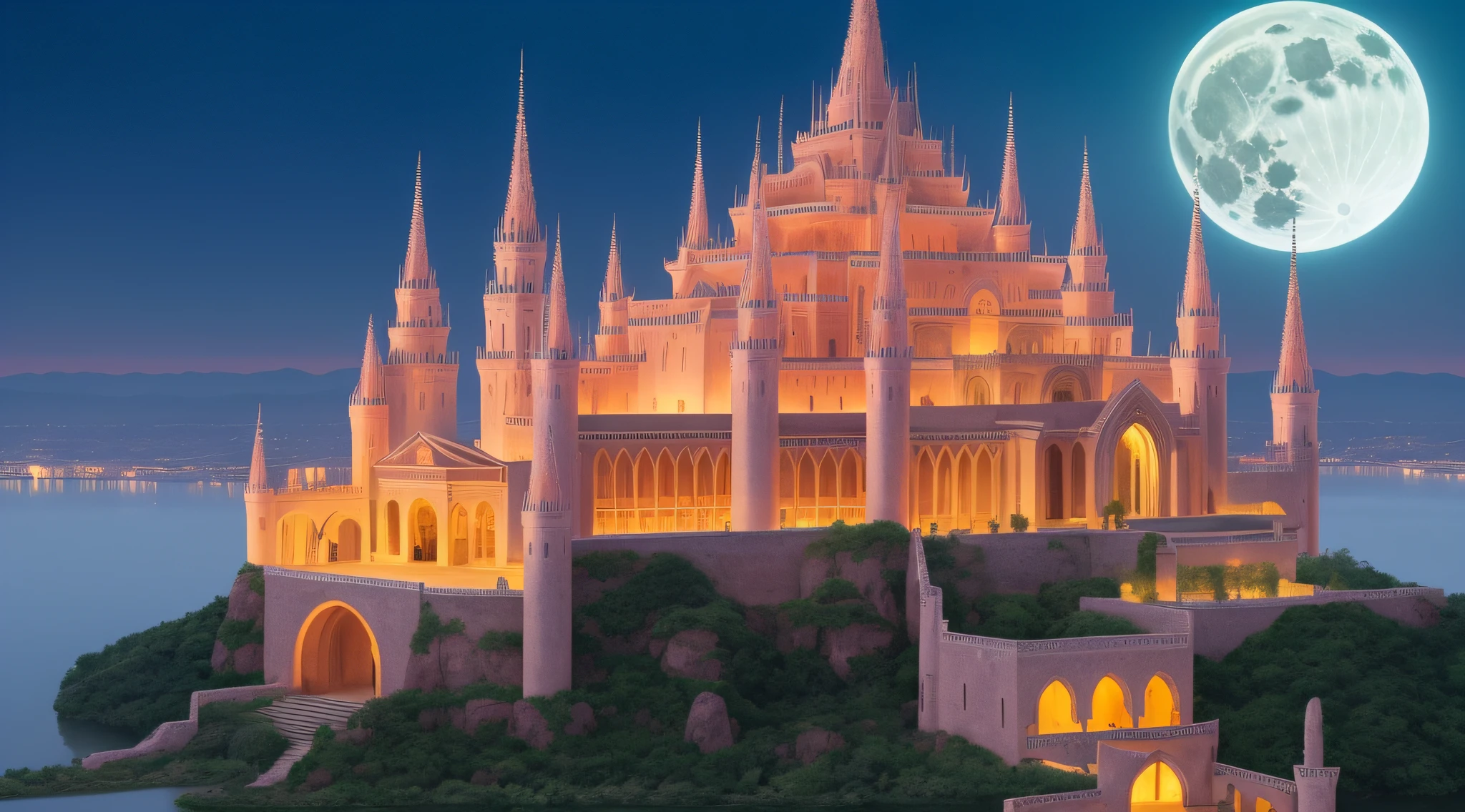 Arafi view of castle with spires and pinnacles, under big only one full moon, glowing temple in distance, 4K high definition digital art, temple background, huge futuristic temple city, symmetrical spectacular fantasy art, cathedral of the sun, futuristic palace, palace in the sky, beautiful art UHD 16K, floating in heaven Palace, Sacred City|, Fantasia, Realstic