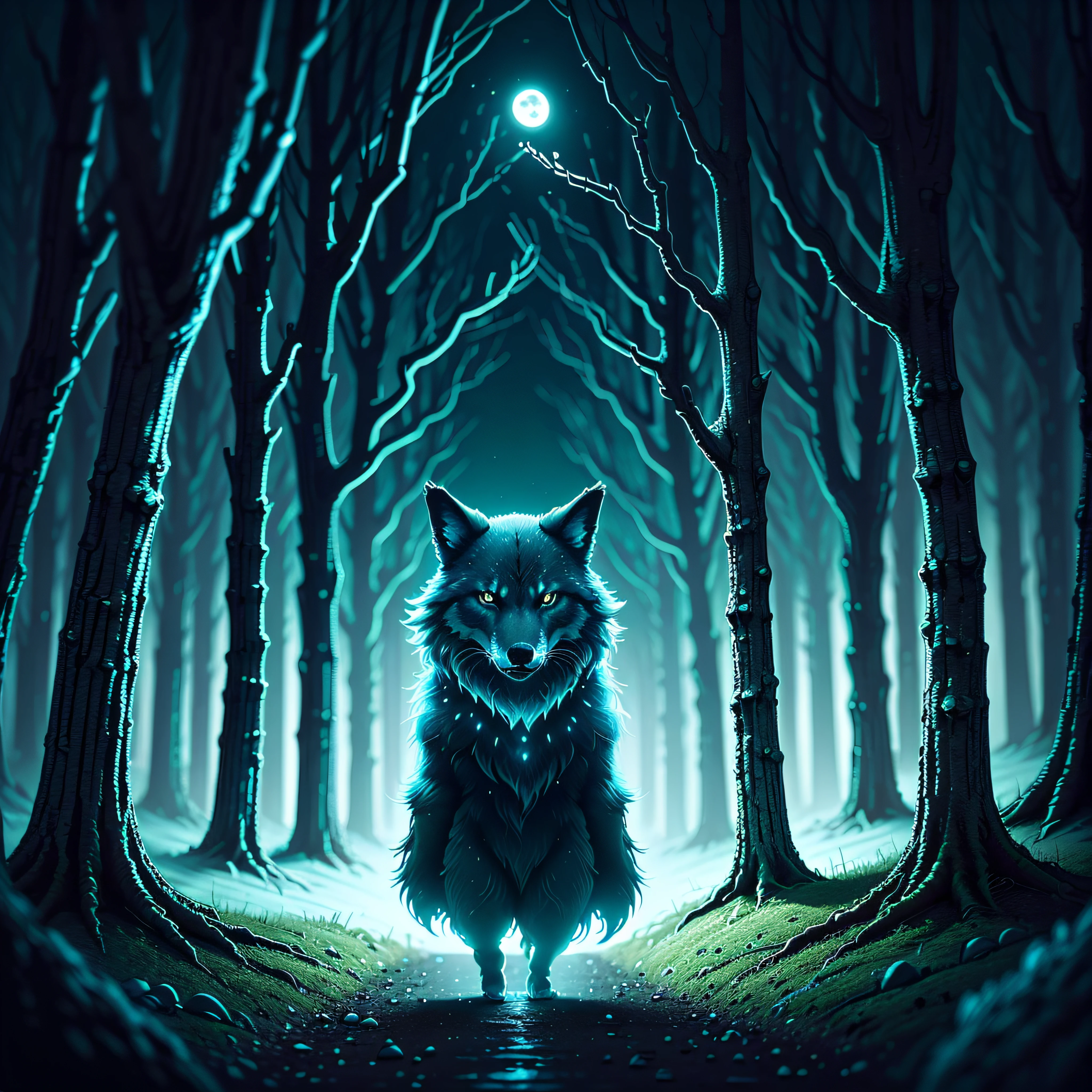 Lone wolf going into a ghostly forest