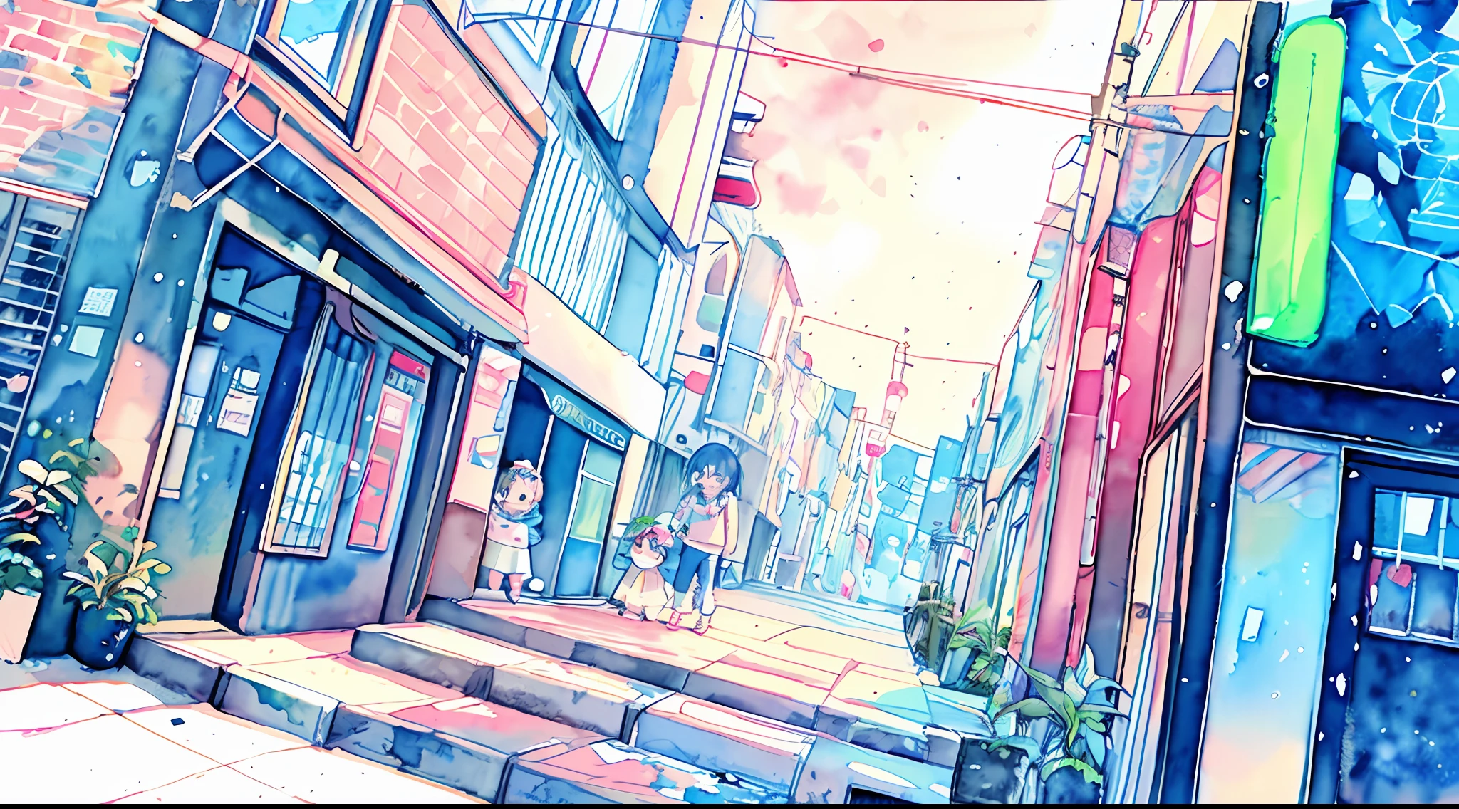 (Cute Illustration:1.1)、(Watercolor drawing:1.1)、colorful backdrop、neon、The 、smile on face、Stranger、punk、Neon tube、colorfully、Moya、City Pop、Cyber City、Street Piano、Dutch Angle