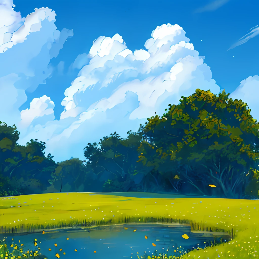 Realistic, authentic, beautiful and amazing landscape oil painting Studio Ghibli Hayao Miyazaki's petal grassland with blue sky and white clouds --v6