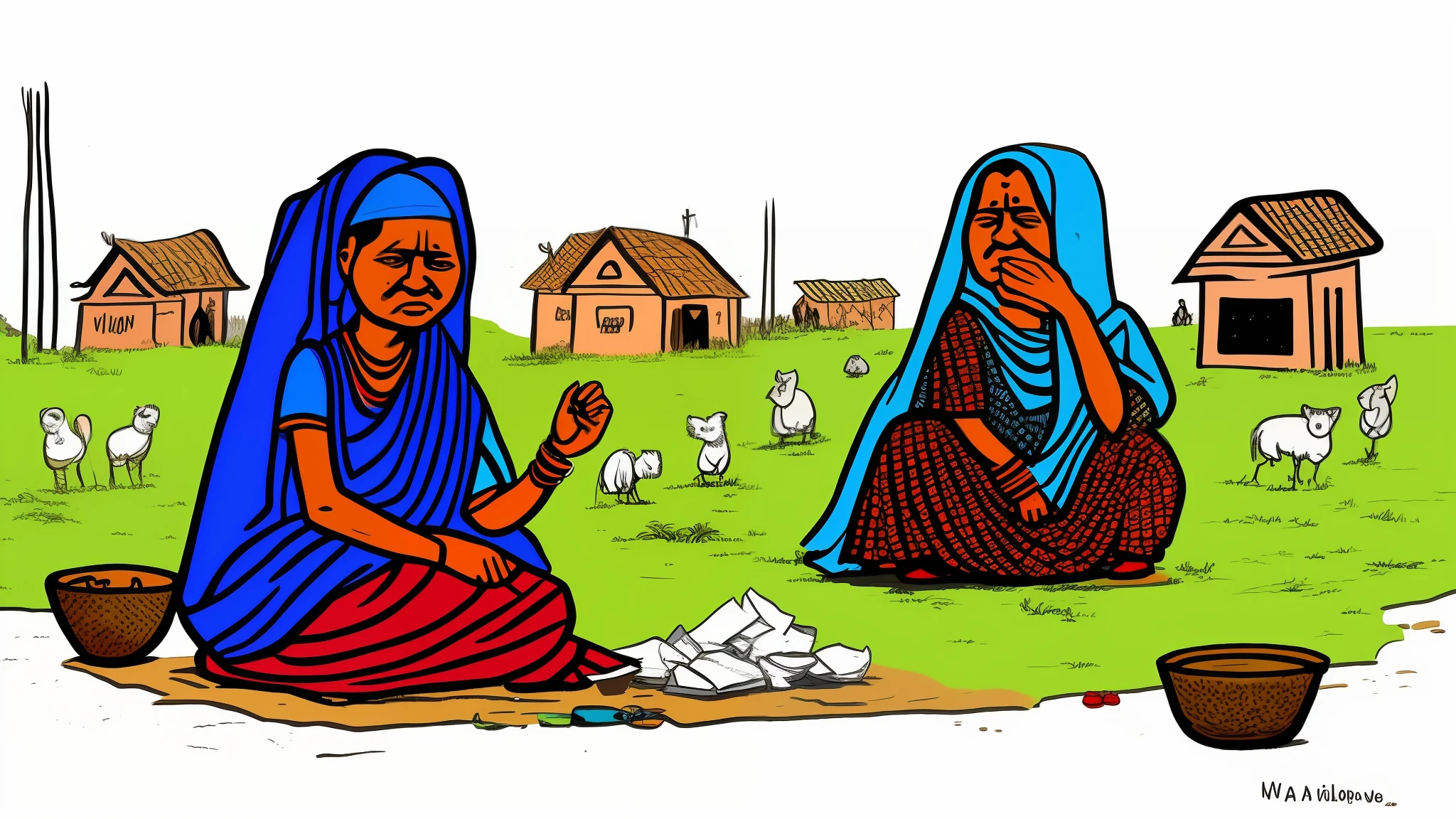 A poor indian lady in village in cartoon