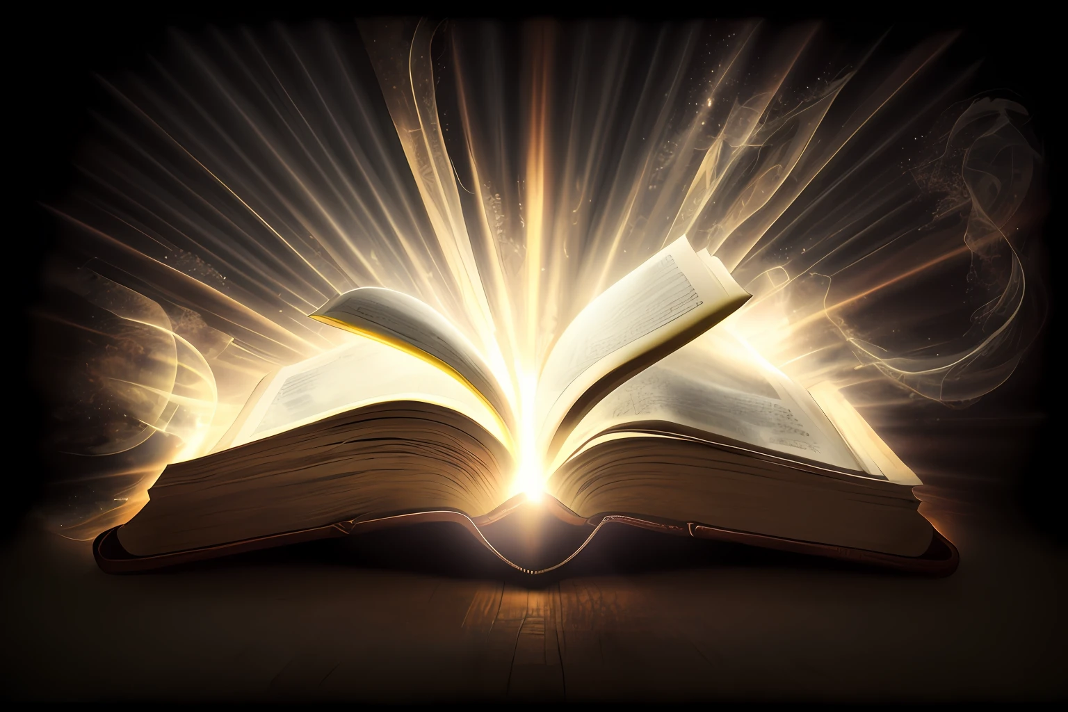 um livro aberto com uma luz brilhante saindo dele, open magic book glowing, magic book, um livro aberto, grande livro aberto, grande livro aberto, flowing book pages, livro de fantasia, open book page, spell book, conhecimento intenso, bible illustration, story book, Storybook, fantasy book illustration, detailed book illustration, bem editado, Completo - Ver