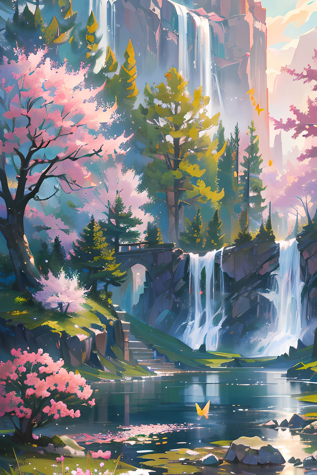 (((landscape, no humans, ))), postcard illustration, ancient japanese garden, utopia, spring, flowers, falling petals, lake, caustics, beautiful water, reflections, koi \(fish\), waterfall, tree, meadow, rock, butterfly, wind, fantastic, cinematic, volumetric light, ray tracing, global illumination, sharp focus, intricate, highly detailed,