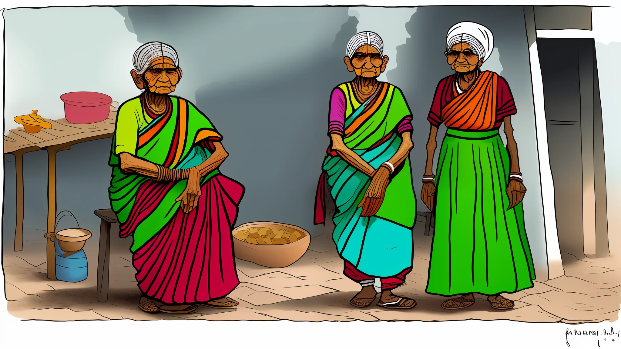 A indian old woman and man in village in cartoon