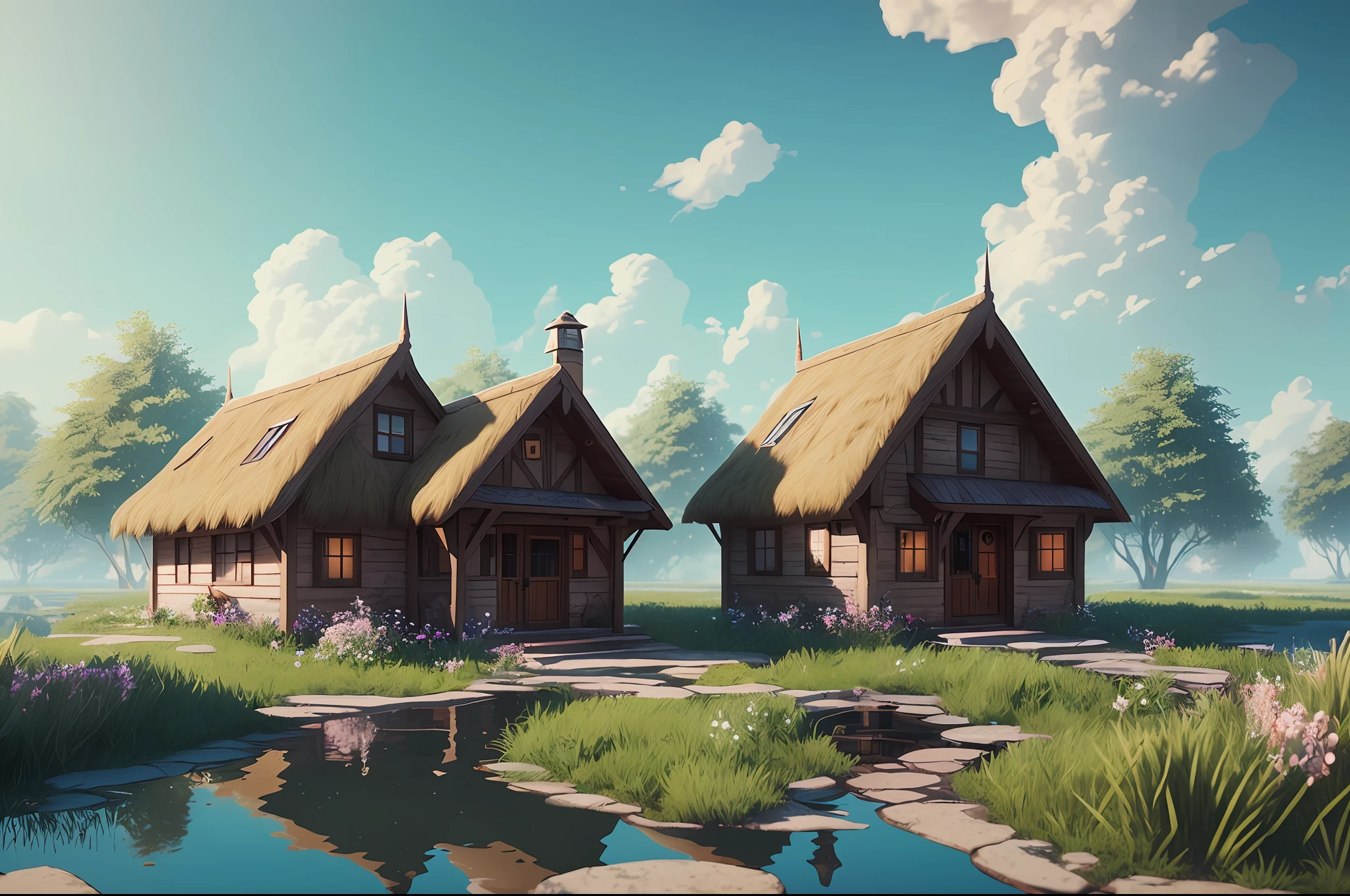 there are two small houses in the middle of a pond, realistic fantasy render, fantasy style 8 k octane render, relaxing concept art, beautiful render of a fairytale, unreal engine fantasy art, detailed 4k concept art, villages , unreal engine, fantasy matte painting,cute, 2. 5 d cgi anime fantasy artwork, (octane render) fantasy style, 4 k detail fantasy