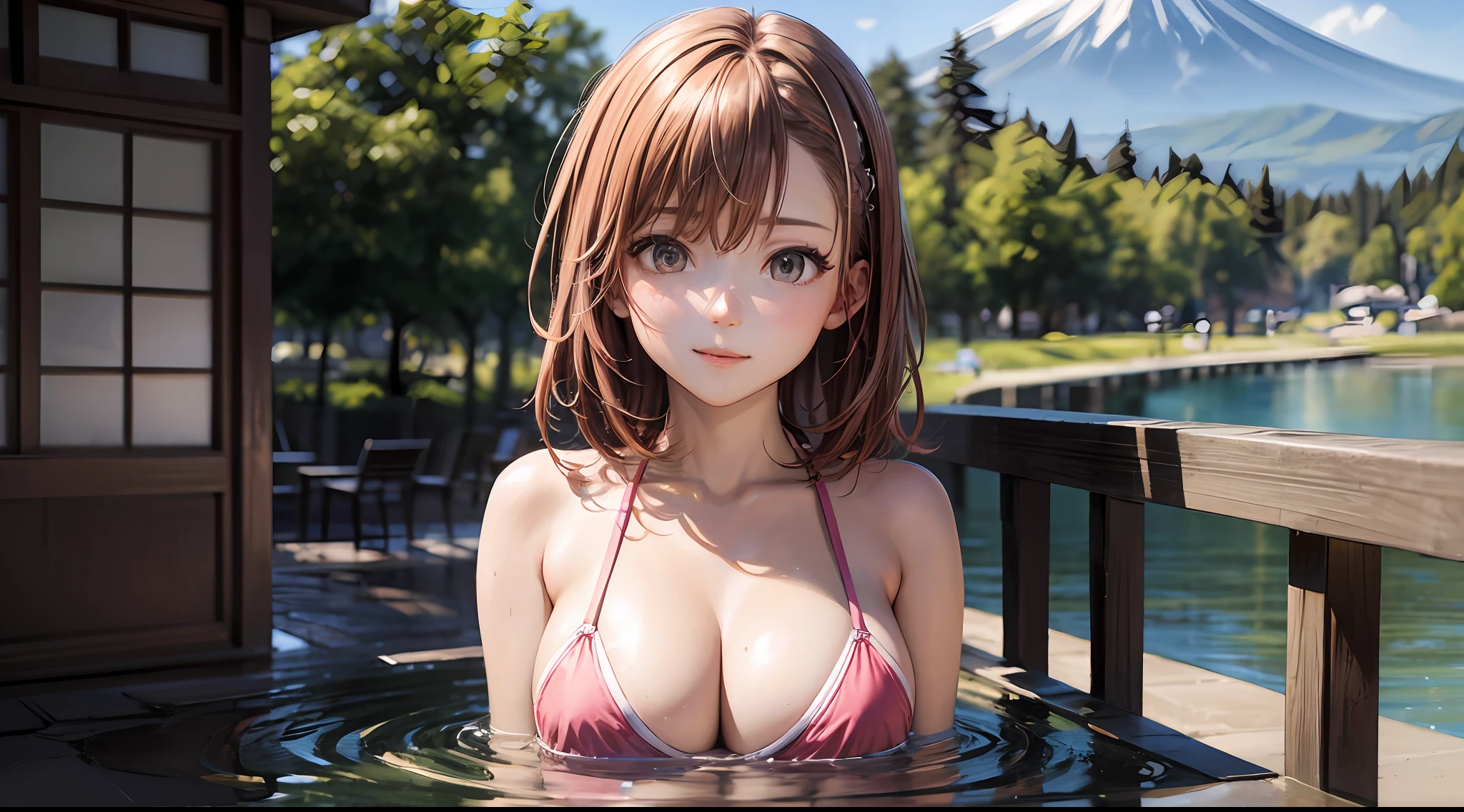 (A Certain Science Railgun、Misaka Mikoto)、Brown skin、bath robe、(Medium hair in pink color)、Young、Cute、a beautifulchi girl、Perfect style、HugeBoobs、Emphasizes cleavage、deadpan、realisic、Realistic、8k、Heavily detailed、最好质量、Top image quality、ultra-high-resolution、A masterpice、only girl、(The background is Mt. Fuji in Japan)、