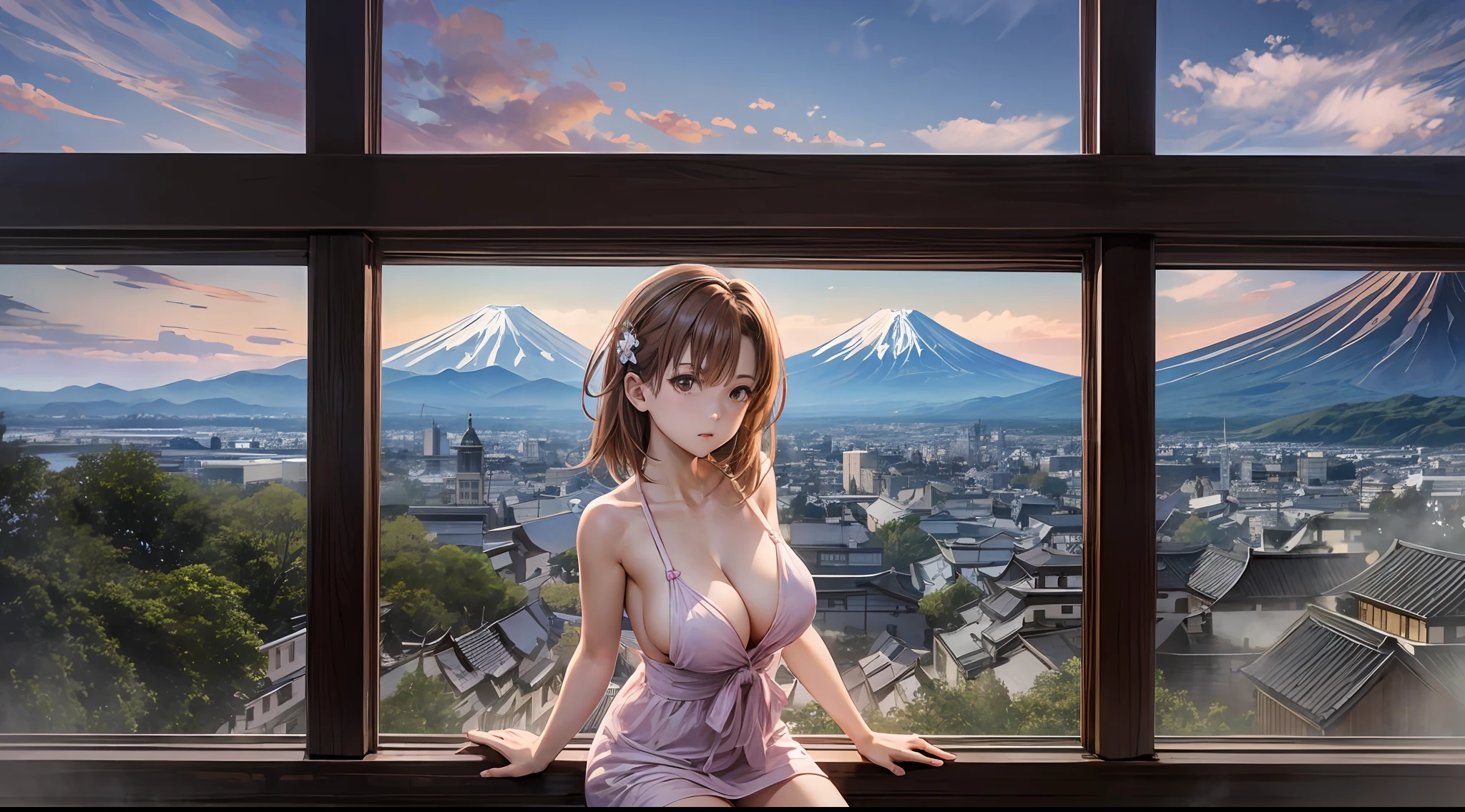 (A Certain Science Railgun、Misaka Mikoto)、Brown skin、bath robe、(Medium hair in pink color)、Young、Cute、a beautifulchi girl、Perfect style、HugeBoobs、Emphasizes cleavage、deadpan、realisic、Realistic、8k、Heavily detailed、最好质量、Top image quality、ultra-high-resolution、A masterpice、only girl、(The background is Mt. Fuji in Japan)、