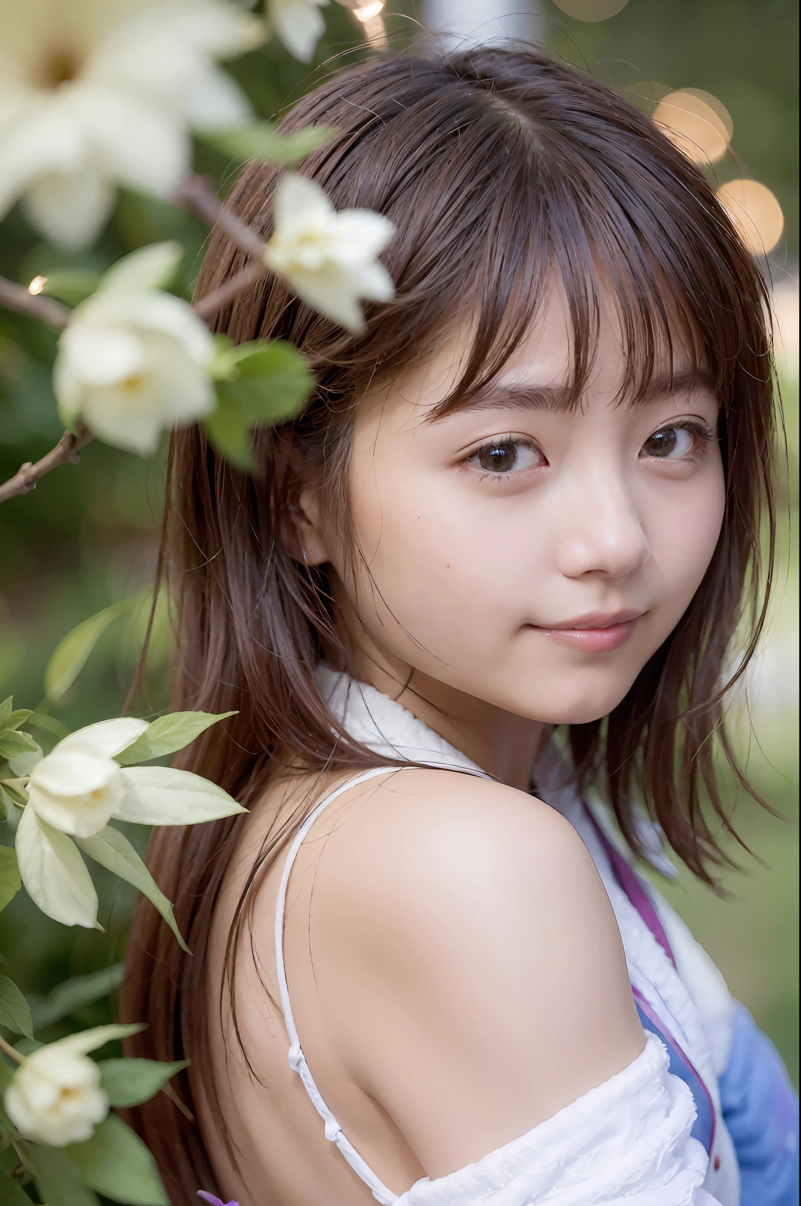 hyper realistic detail, (8k, RAW Photos, Top image quality, A masterpice:1.2), (Exquisite beautiful eyes: 1.2), ((1girl in)), (独奏)), (bathrobe:1.4) , (walk:1.2), 가슴, (finely detailed eyes and detailed face:1.3), (beautiful and clear background:1.2), (extremely details CG, Ultra-detailded, Best Shadows:1.1), ((depth of field)), (water colour),, bare shoulder, Flowers and petals, beautiful concept illustration, (illutst:1.1), (extremely fine and beautiful:1.1)、(Perfect details:1.1)、ram、firework、by night、Realstic、Live Action、a smile