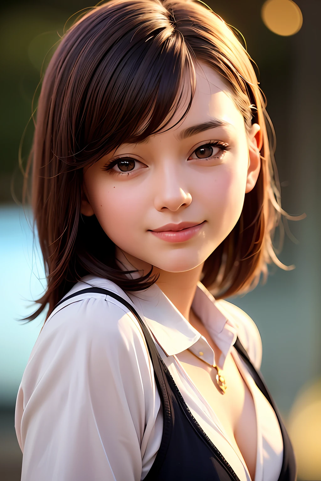 best quality, ultra high res, (photorealistic:1.4), a cute schoolgirl in Club, (detailed face), detailed eyes, side bangs, dark brown hair, medium length hair, brown eyes, (smile:1.0), (bokeh:1.2)