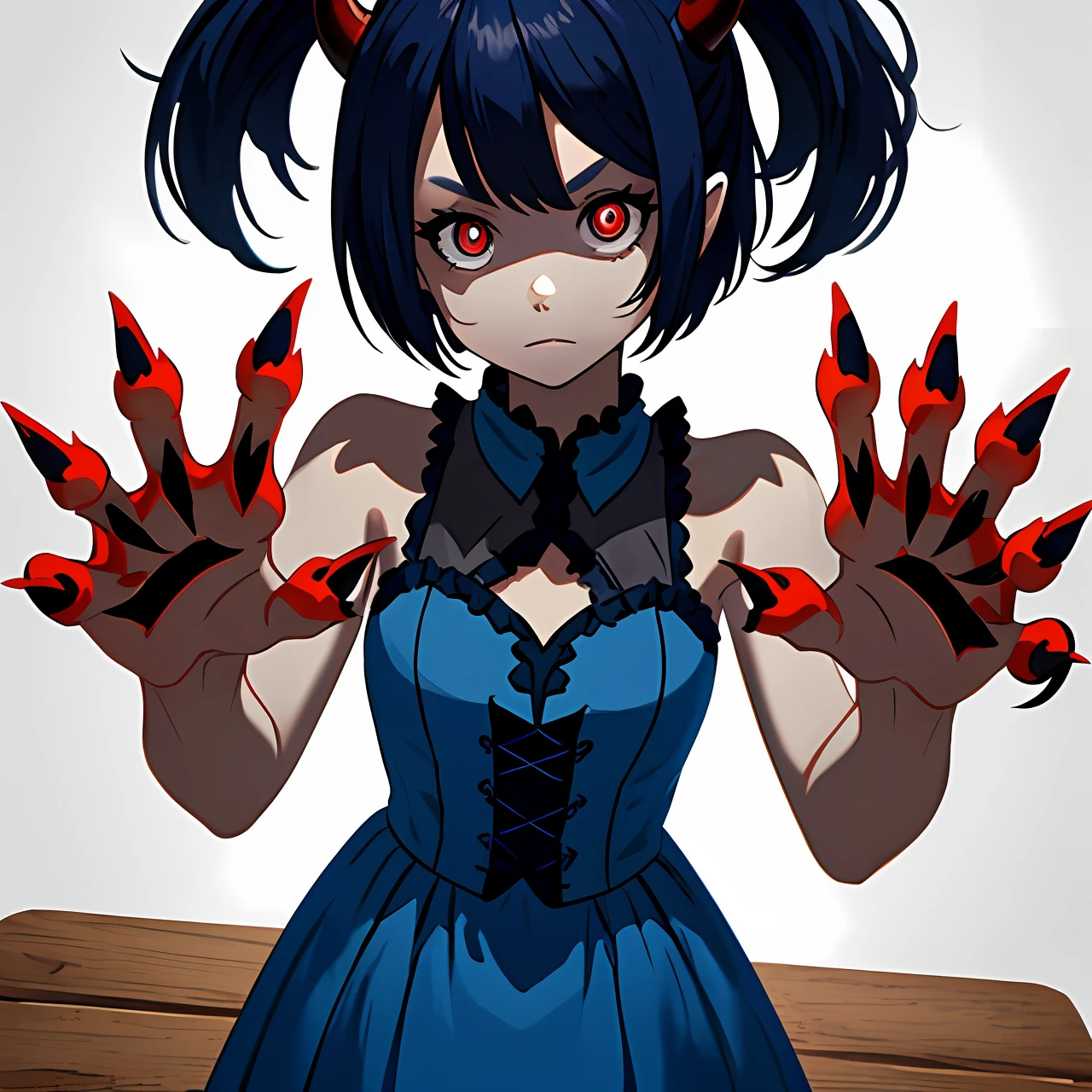 Splash art, cute demon girl, demon wings, cute blue summer dress, showing claw hands pose, with small red claws, (perfect hands), looking to viewer, standing on wooden table, fighting pose, stunning beauty, [[chibi]], close-up, muted colors, deep shadows, trending on Pixiv, 4k