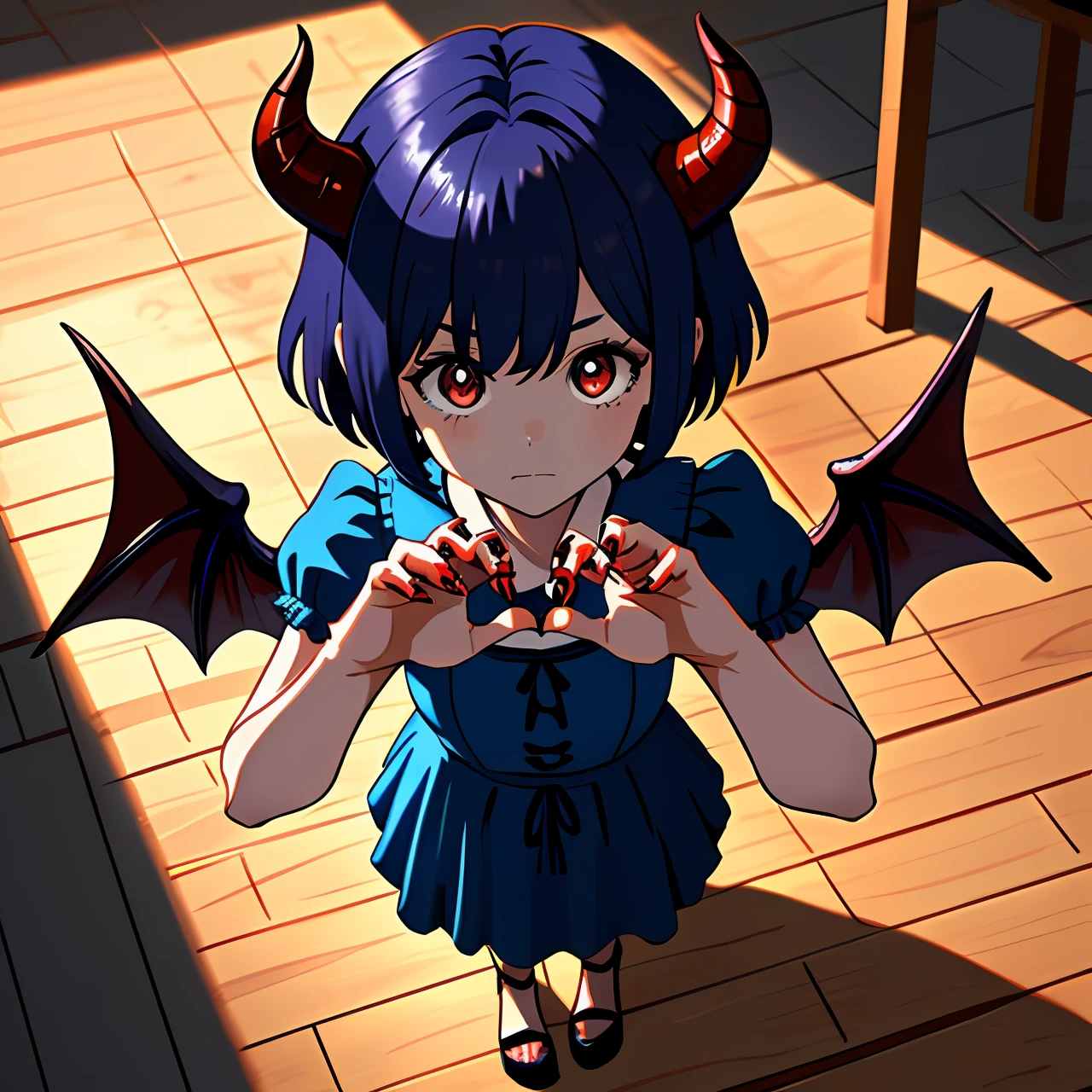Splash art, cute demon girl, demon wings, cute blue summer dress, showing claw hands pose, with small red claws, (perfect hands), looking to viewer, standing on wooden table, fighting pose, stunning beauty, [[chibi]], close-up, muted colors, deep shadows, trending on Pixiv, 4k