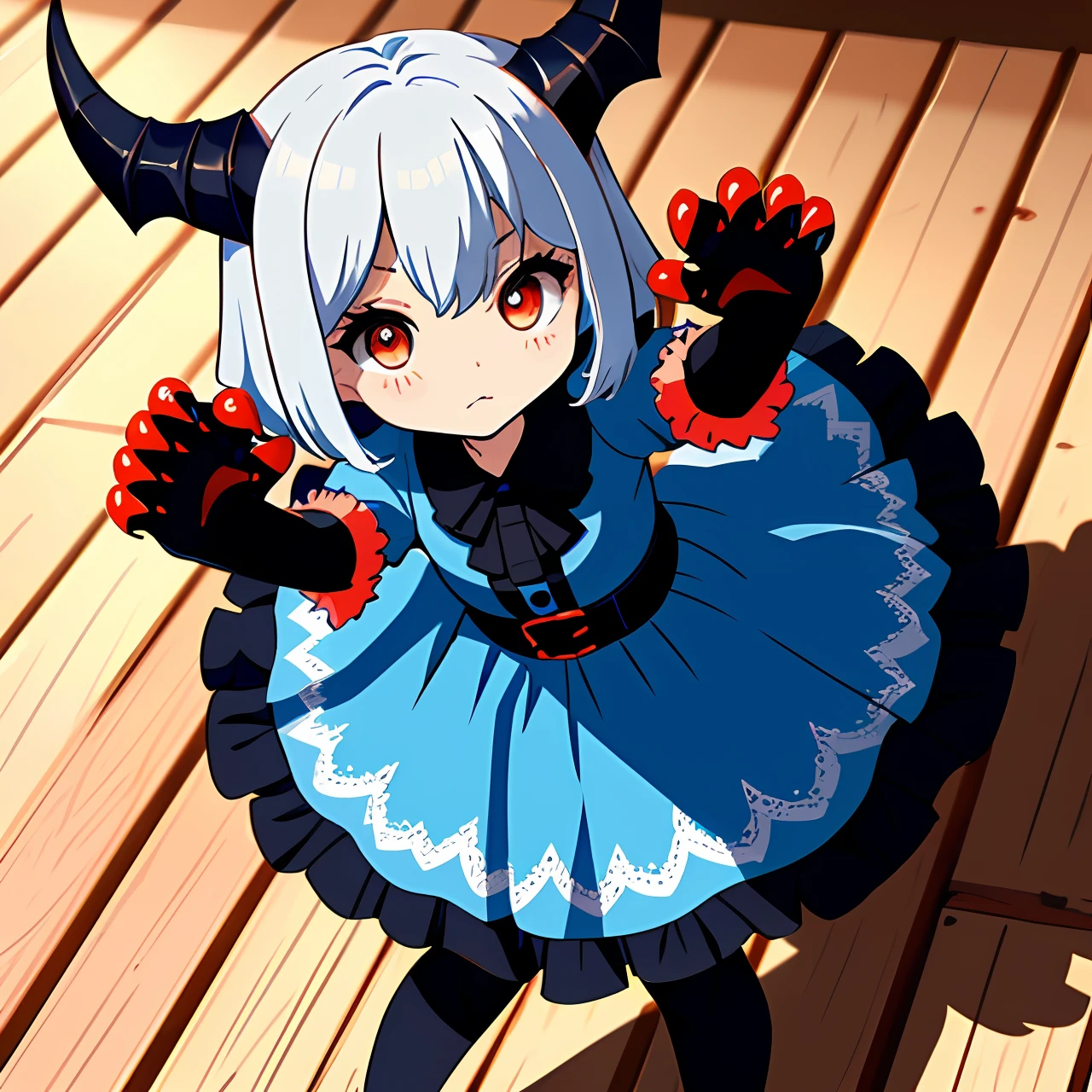 Splash art, cute demon girl, demon wings, cute blue summer dress, showing claw hands pose, with small red claws, (perfect hands), looking to viewer, standing on wooden table, fighting pose, stunning beauty, [[chibi]], close-up, muted colors, deep shadows, trending on Pixiv, 4k
