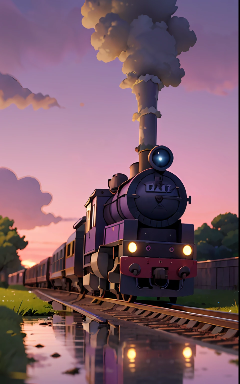 anime scene of a train passing under a pink and purple sky, an anime drawing by Makoto Shinkai, trending on pixiv, magical realism, beautiful anime scene, cosmic skies. by makoto shinkai, ( ( makoto shinkai ) ), by makoto shinkai, anime background art, style of makoto shinkai